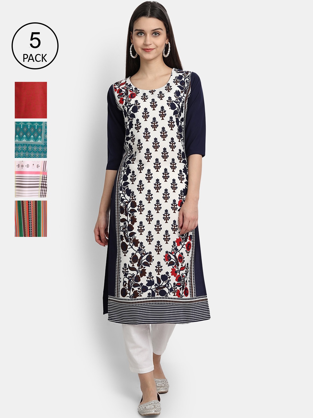 

Ethnic basket Women Set Of 5 Red & Green Ethnic Motifs Printed Crepe Kurta