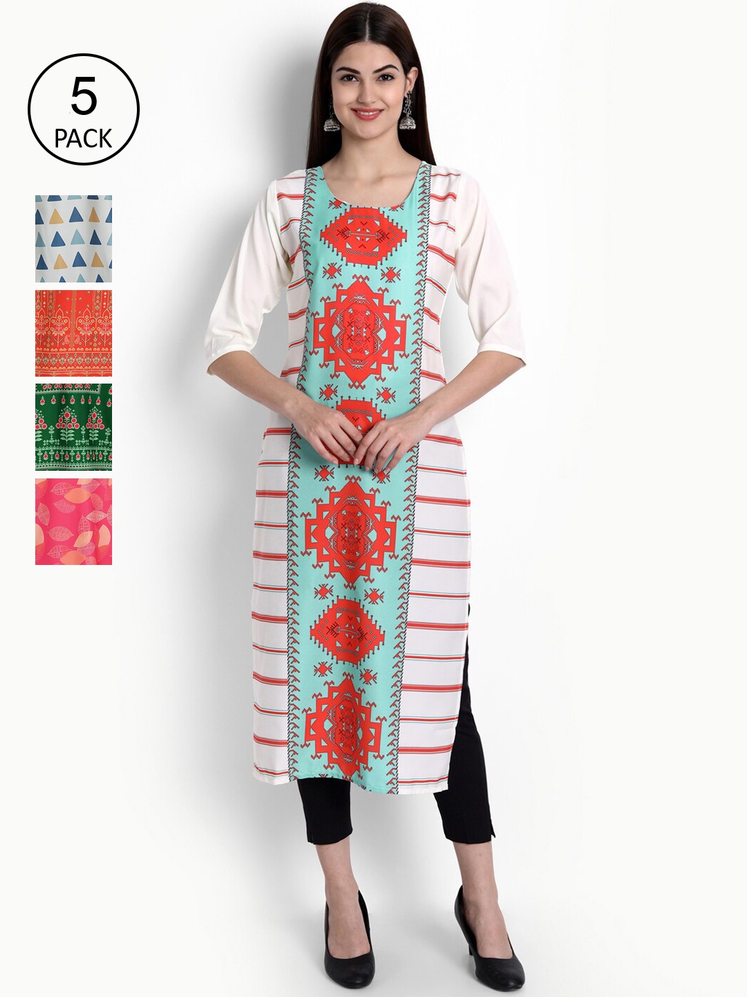 

Ethnic basket Women Pack of 5 White & Blue Geometric Printed Crepe Kurtas