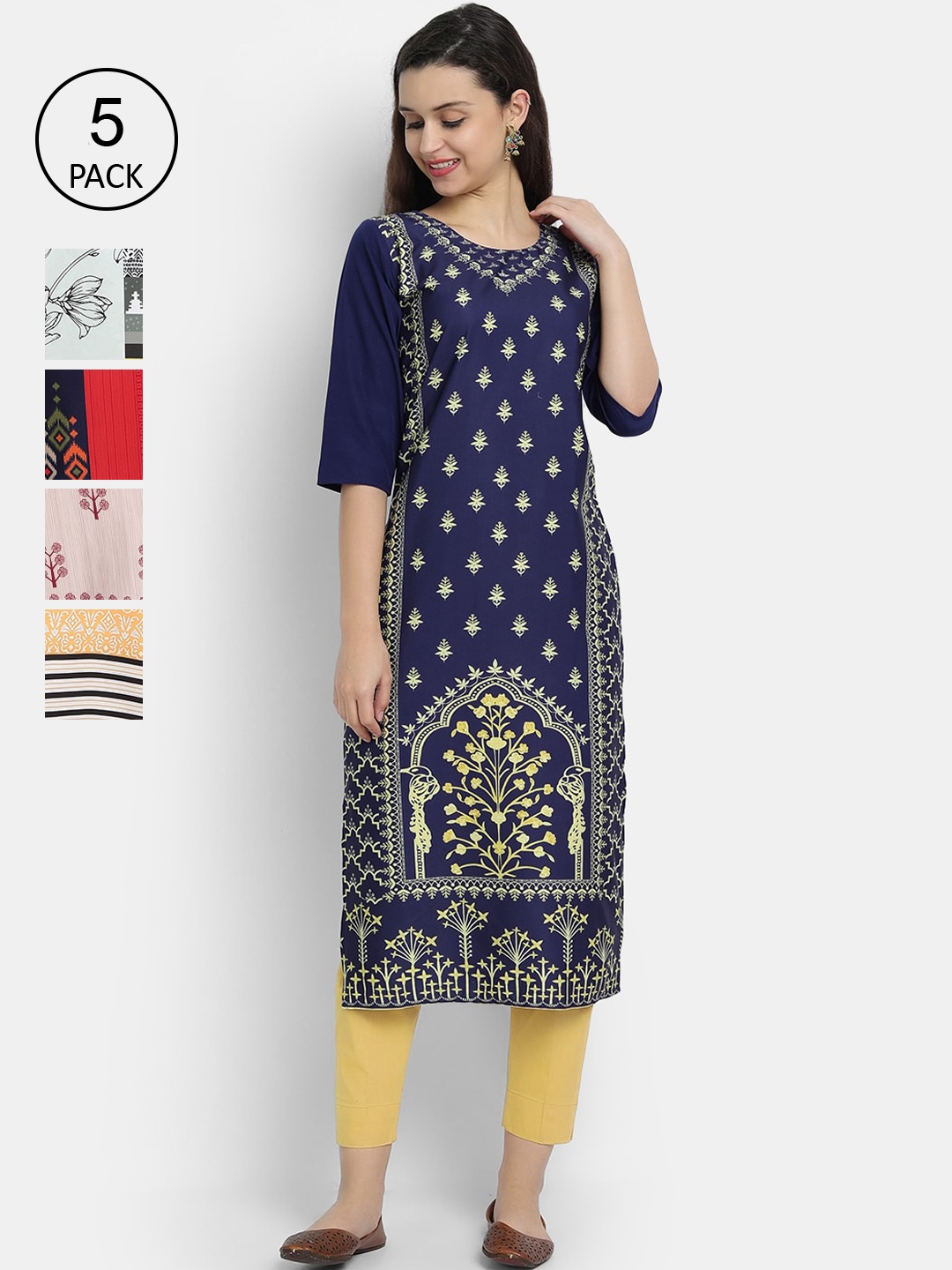 

Ethnic basket Women Navy Blue & Red Quirky Printed Crepe Kurta Set Of 5