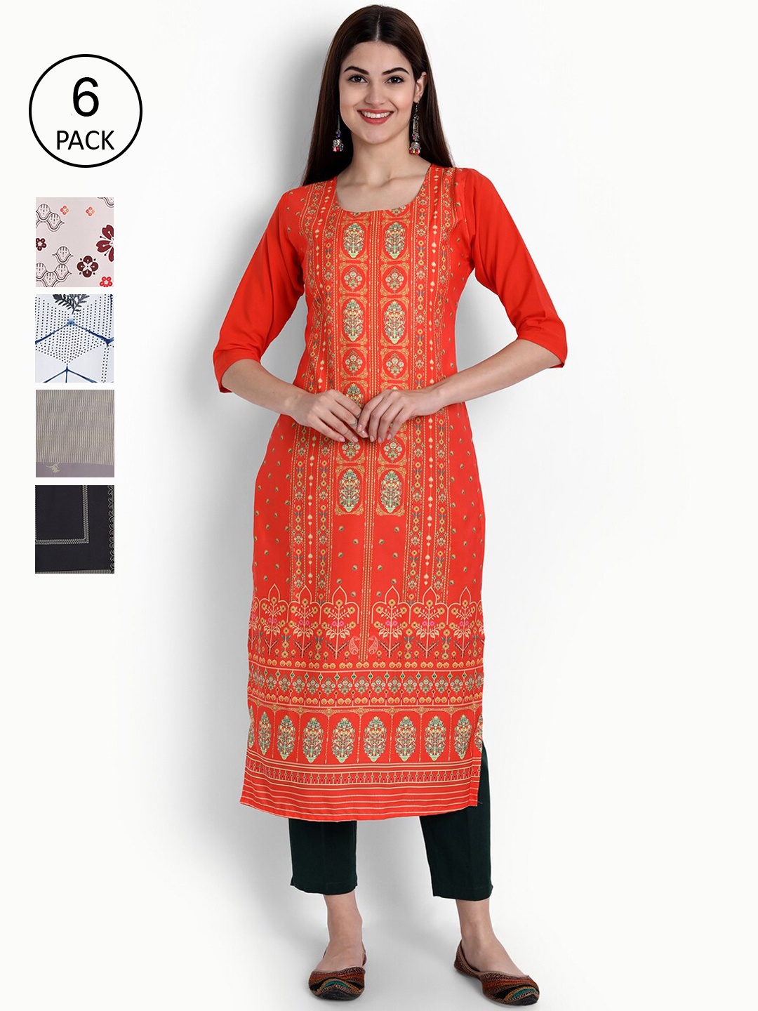 

Ethnic basket Women Pack of 6 Digital Printed Kurtas, Orange
