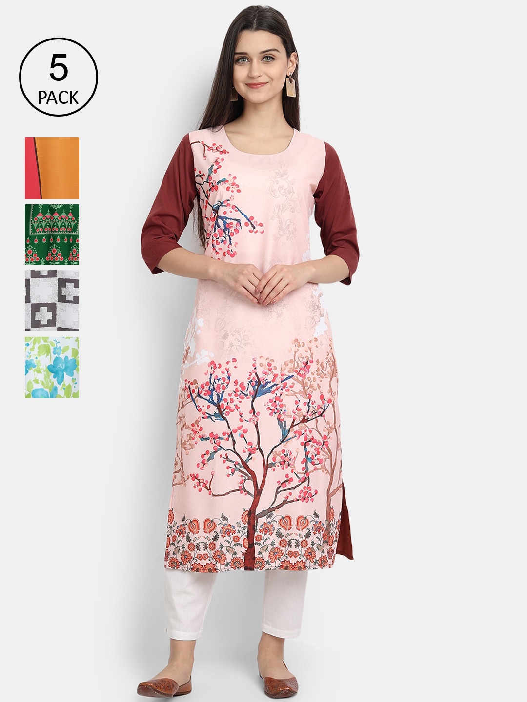

Ethnic basket Women Pack Of 5 Ethnic Motifs Printed Crepe Kurta, Green