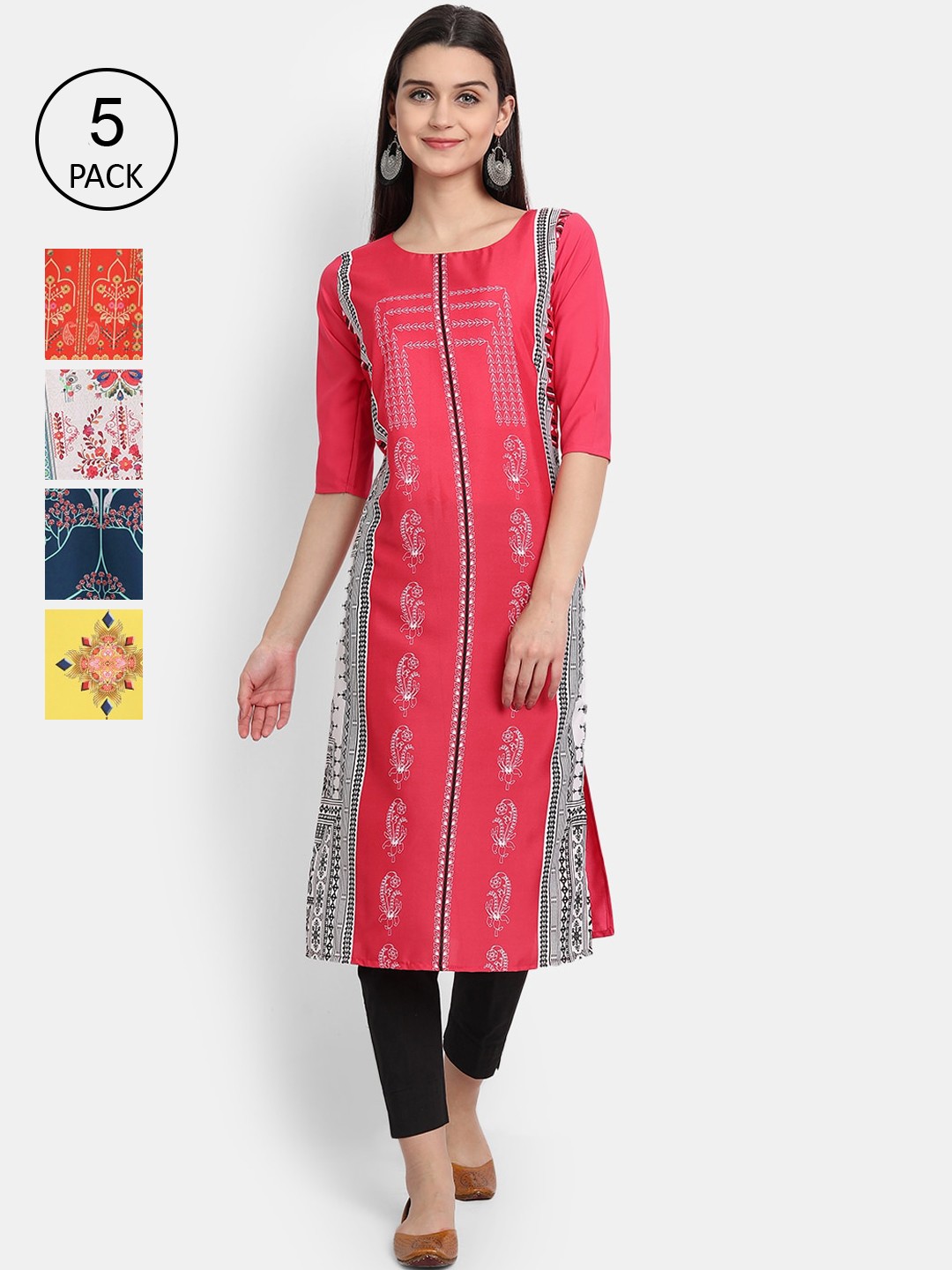 

Ethnic basket Women Pack of 5 Floral Printed Crepe Kurta, Red