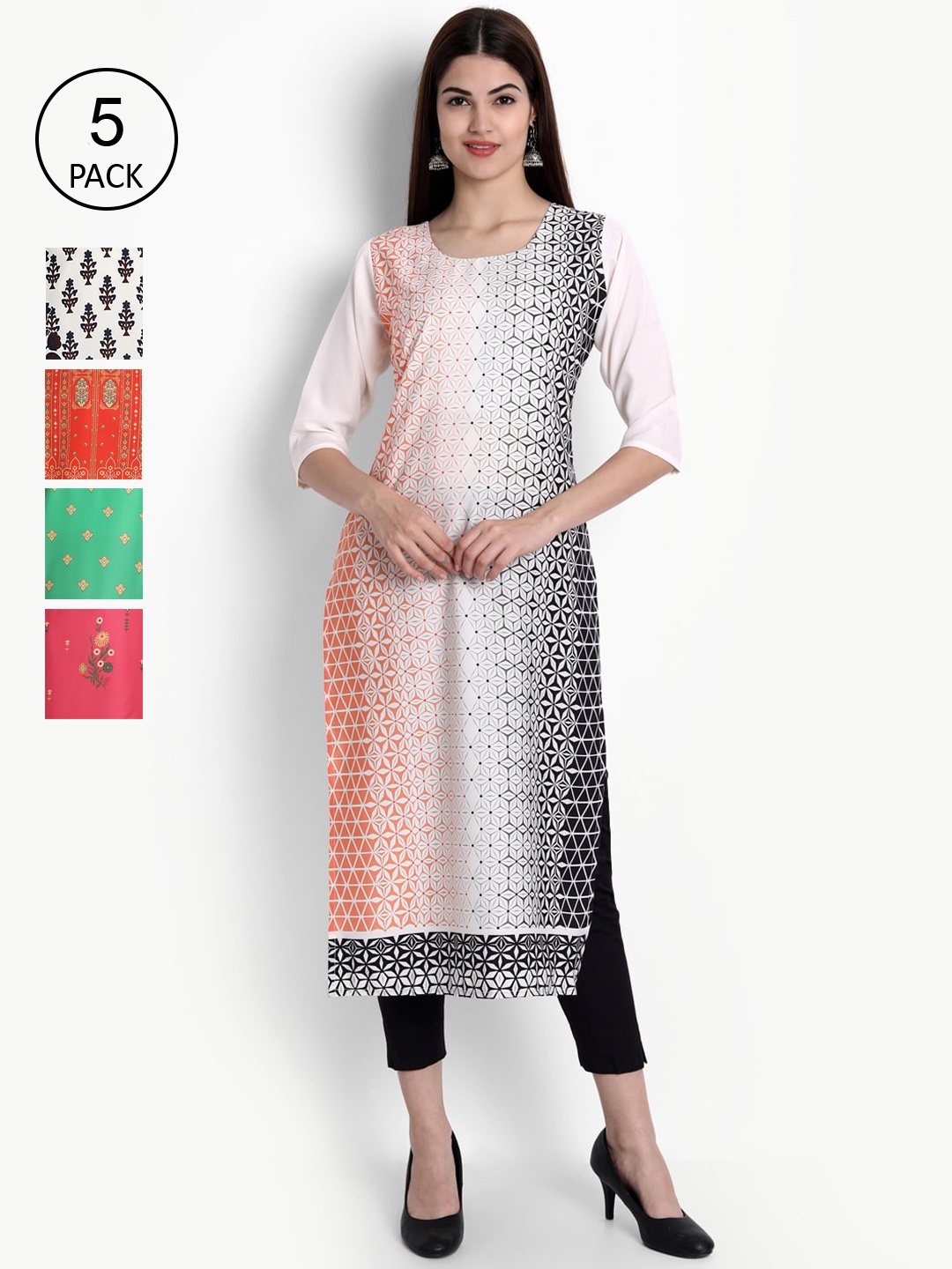 

Ethnic basket Women Pack of 5 Ethnic Motifs Printed Crepe Kurta, White