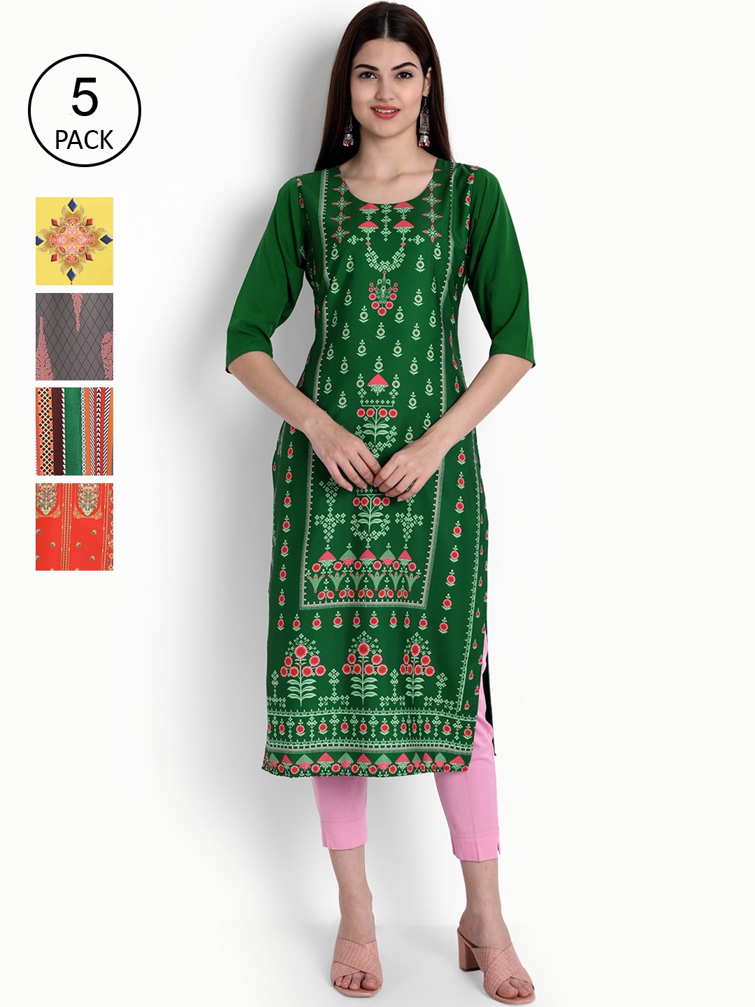 

Ethnic basket Women Pack Of 5 Floral Printed Crepe Kurta, Green
