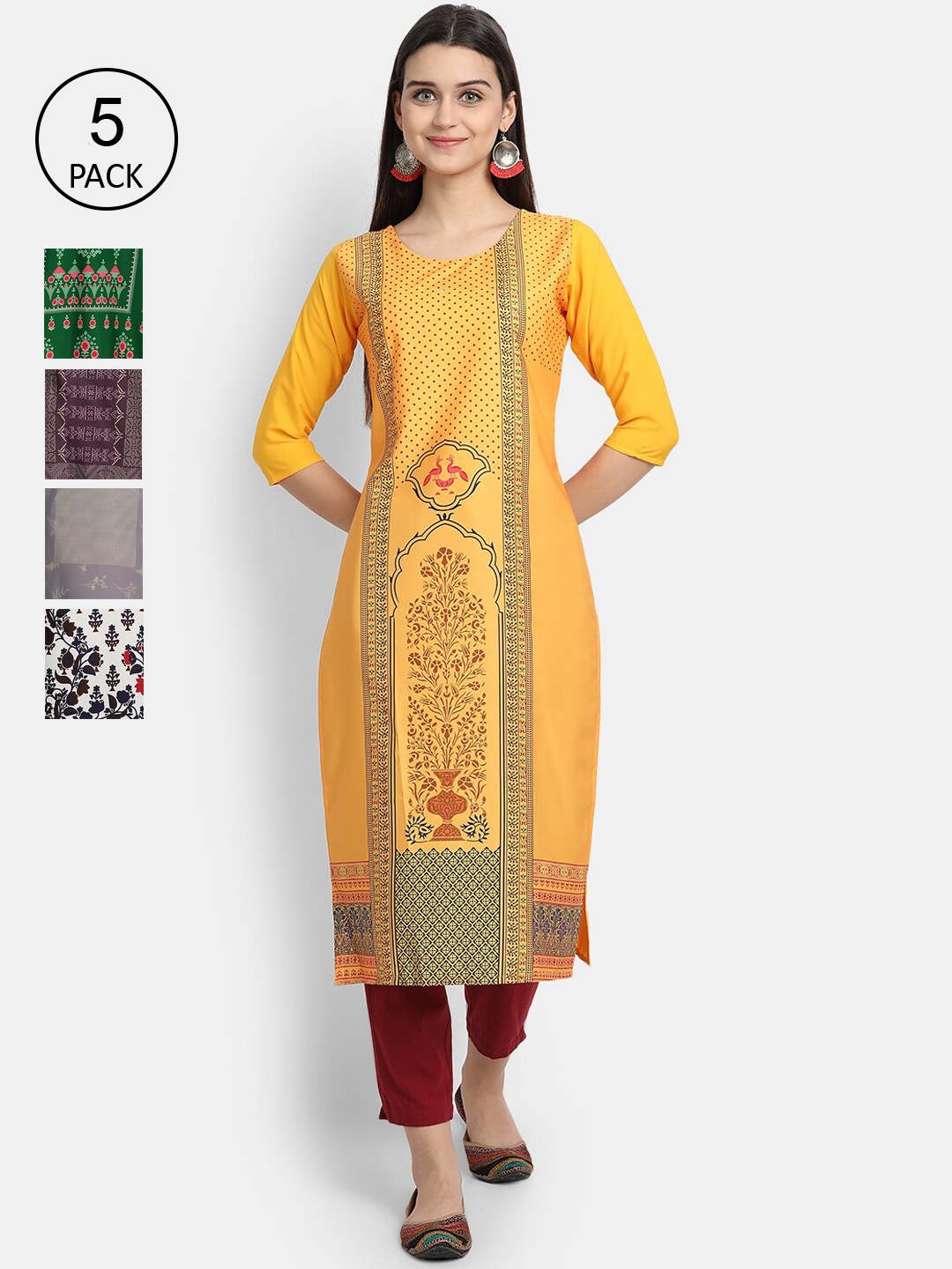 

Ethnic basket Women Yellow & Green Ethnic Motifs Printed Crepe Kurta Set Of 5