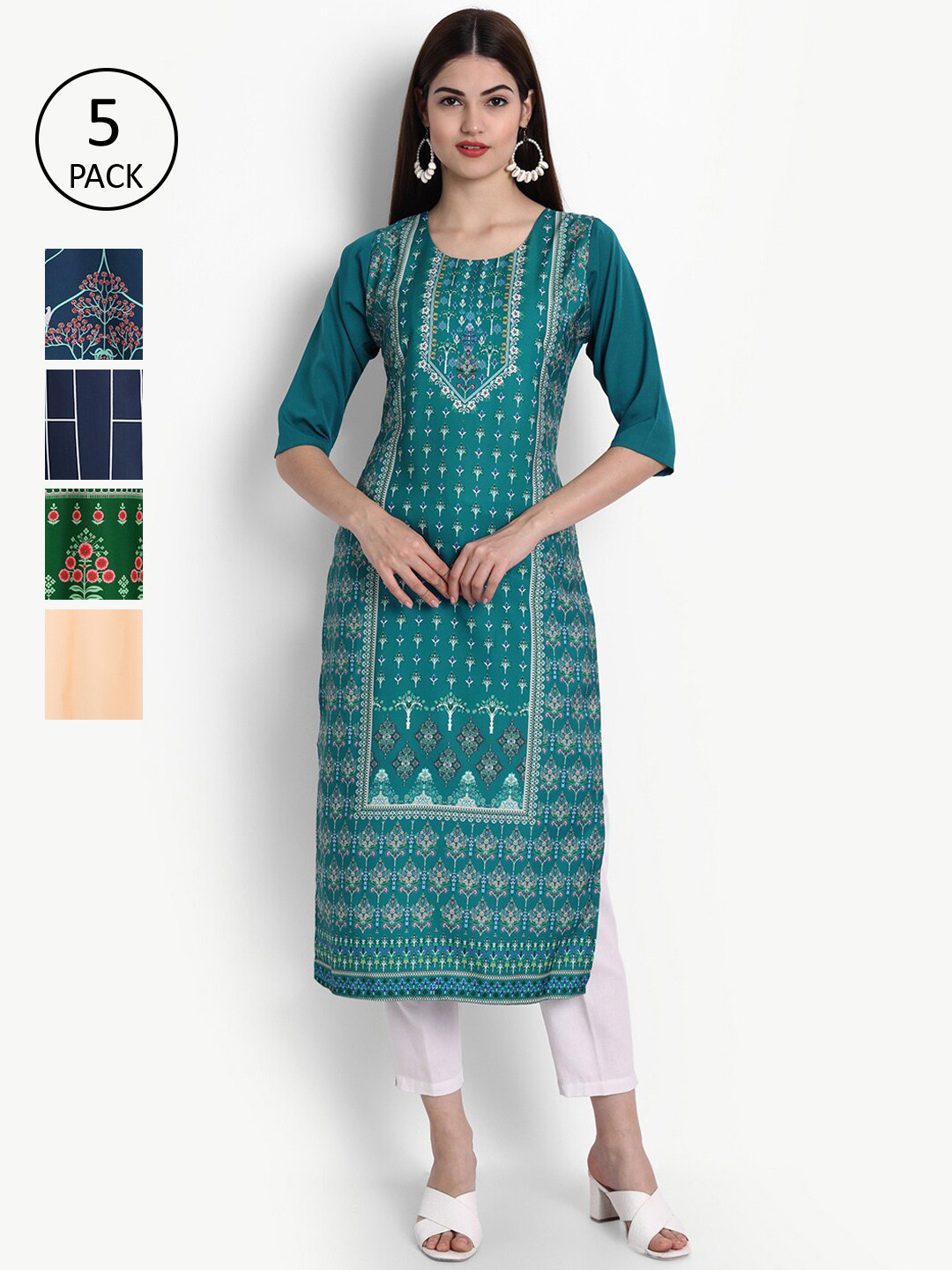 

Ethnic basket Women Set Of 5 Blue & Cream-Coloured Ethnic Motifs Printed Crepe Kurta