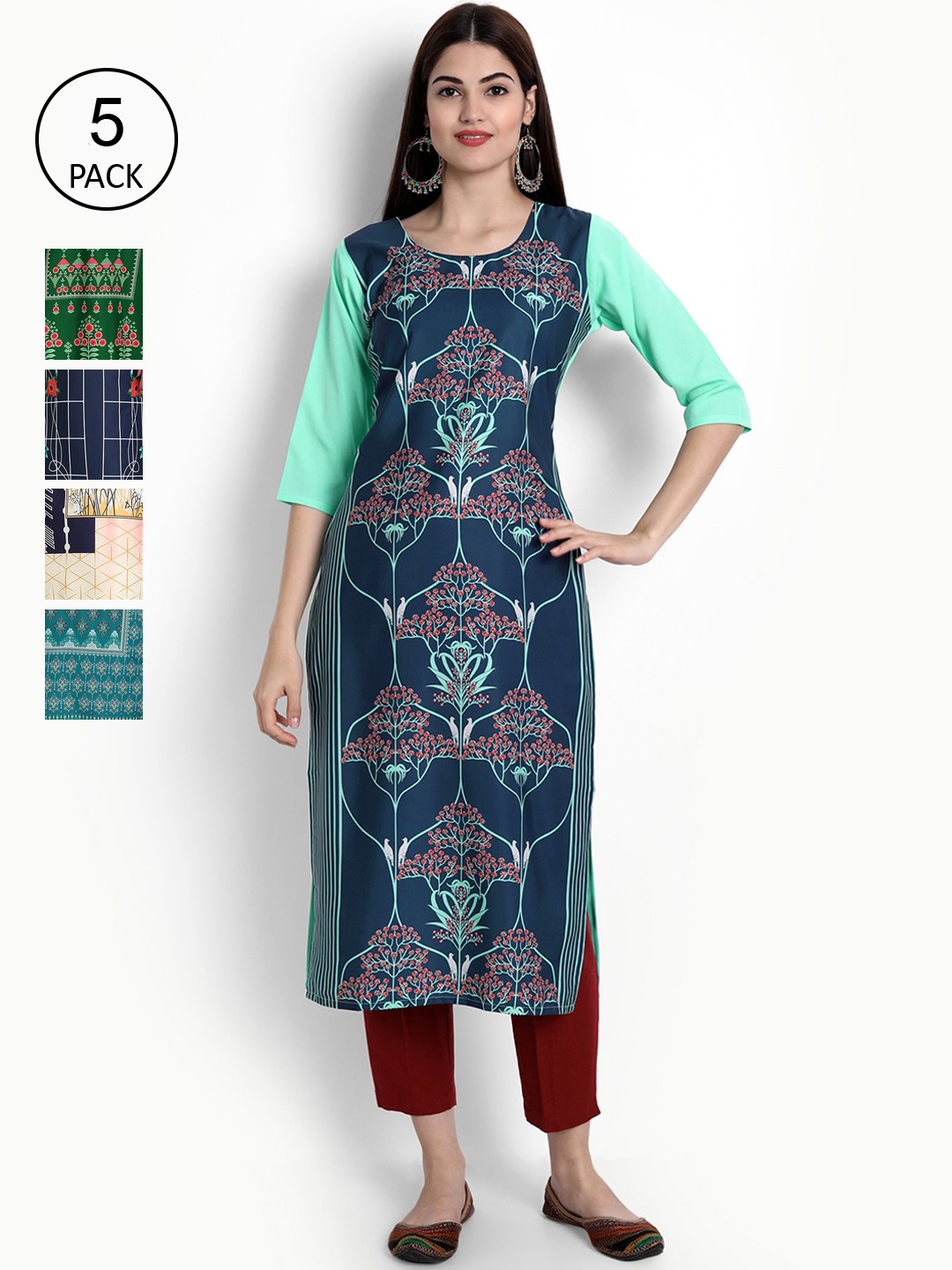 

Ethnic basket Women Pack Of 5 Digital Printed Crepe Kurta, Green