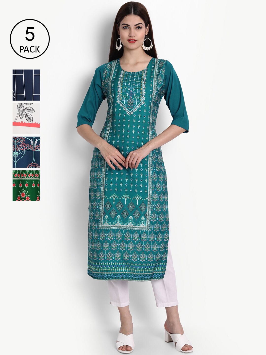 

Ethnic basket Women Pack of 5 Digital Printed Kurtas, Teal