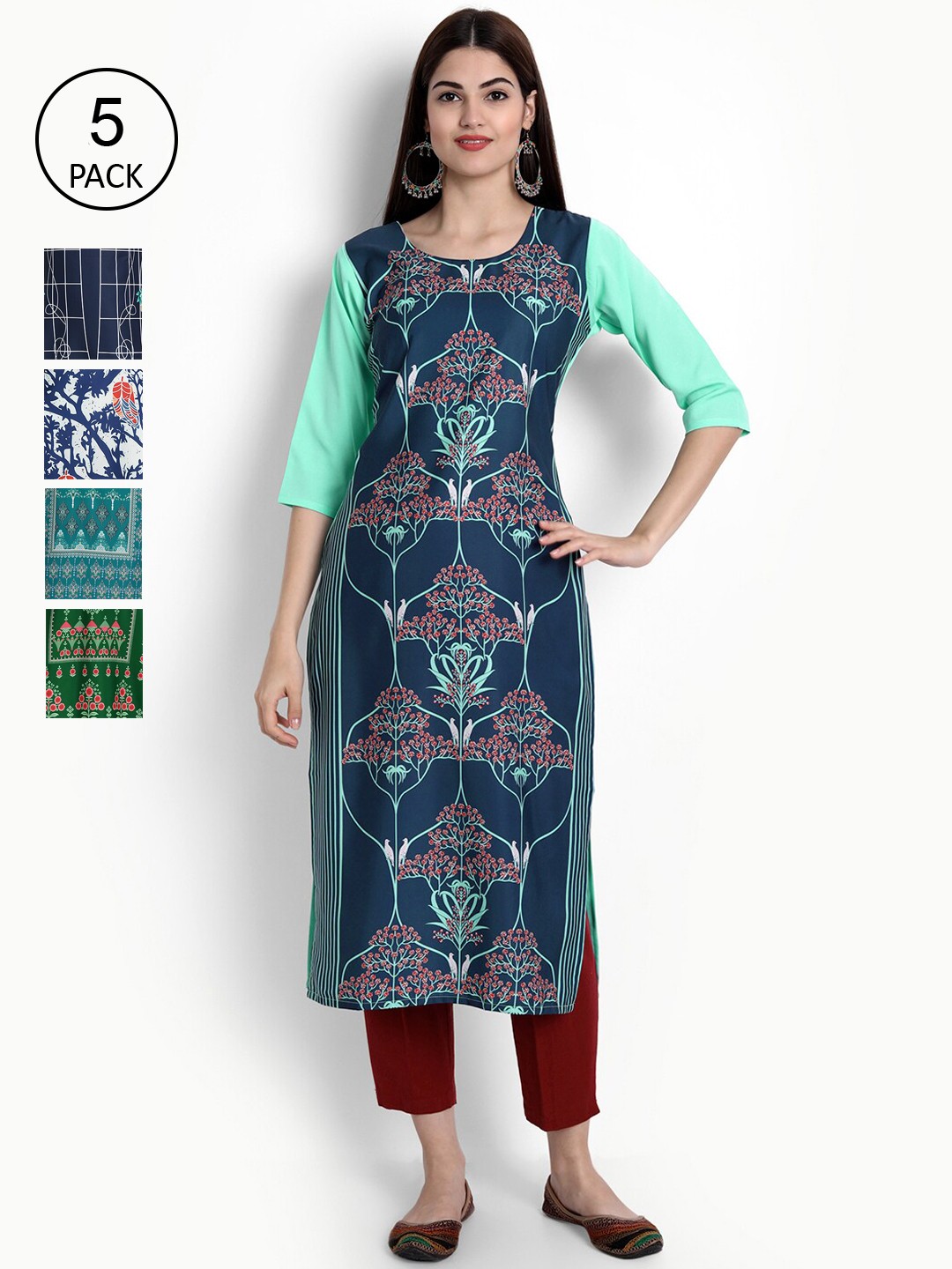 

Ethnic basket Women Pack Of 5 Ethnic Motifs Printed Crepe Kurta, Navy blue