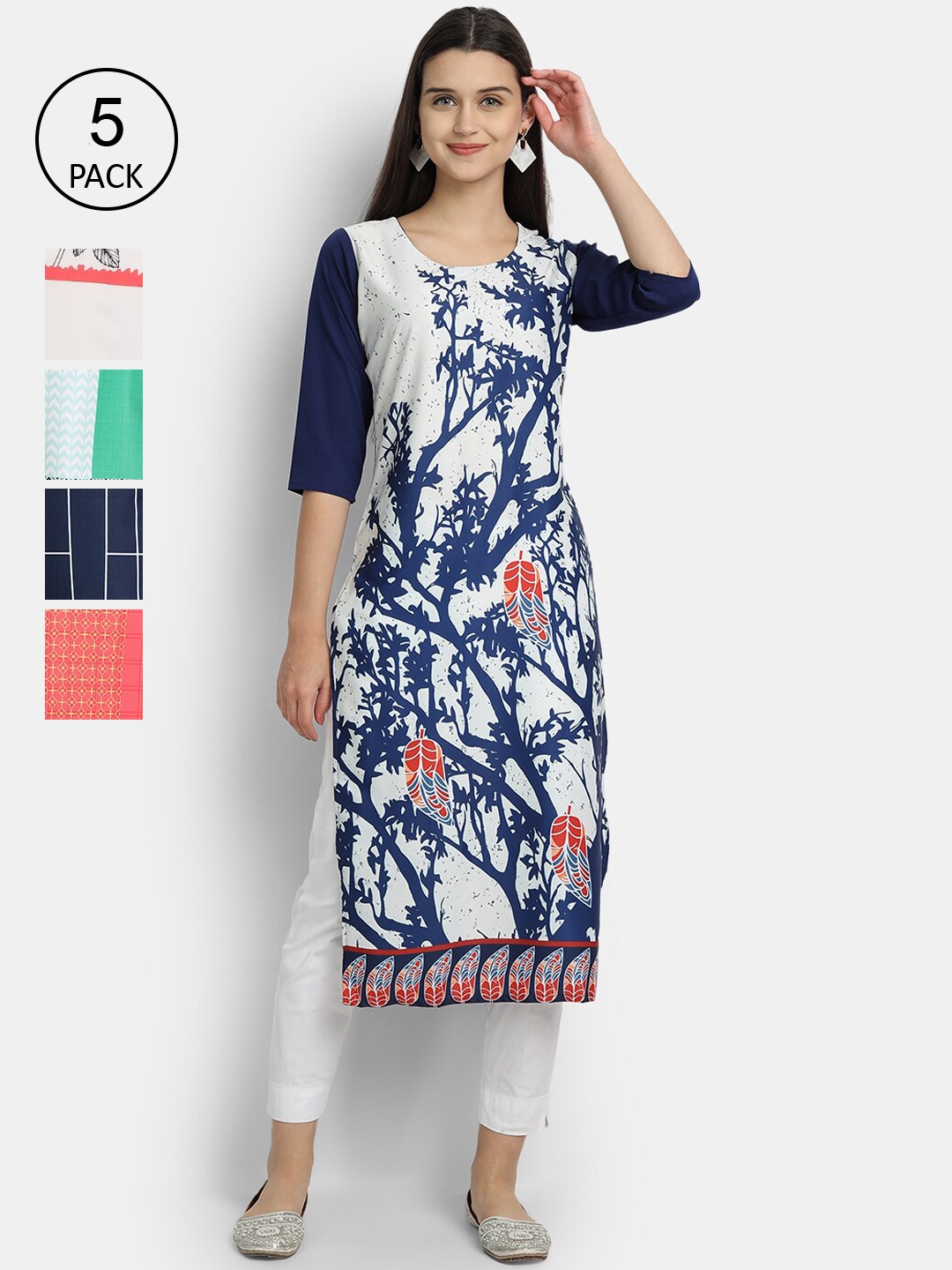 

Ethnic basket Women Pack of 5 Ethnic Motifs Crepe Kurta, White