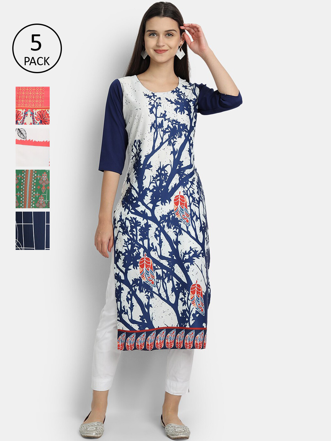 

Ethnic basket Women Pack of 5 Multicoloured Ethnic Motifs Printed Crepe Kurtas, Multi