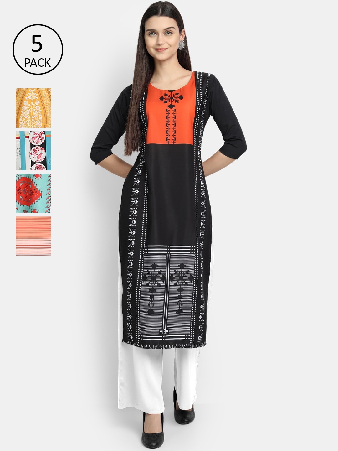 

Ethnic basket Women Black & Yellow Geometric Printed Crepe Kurta Set Of 5