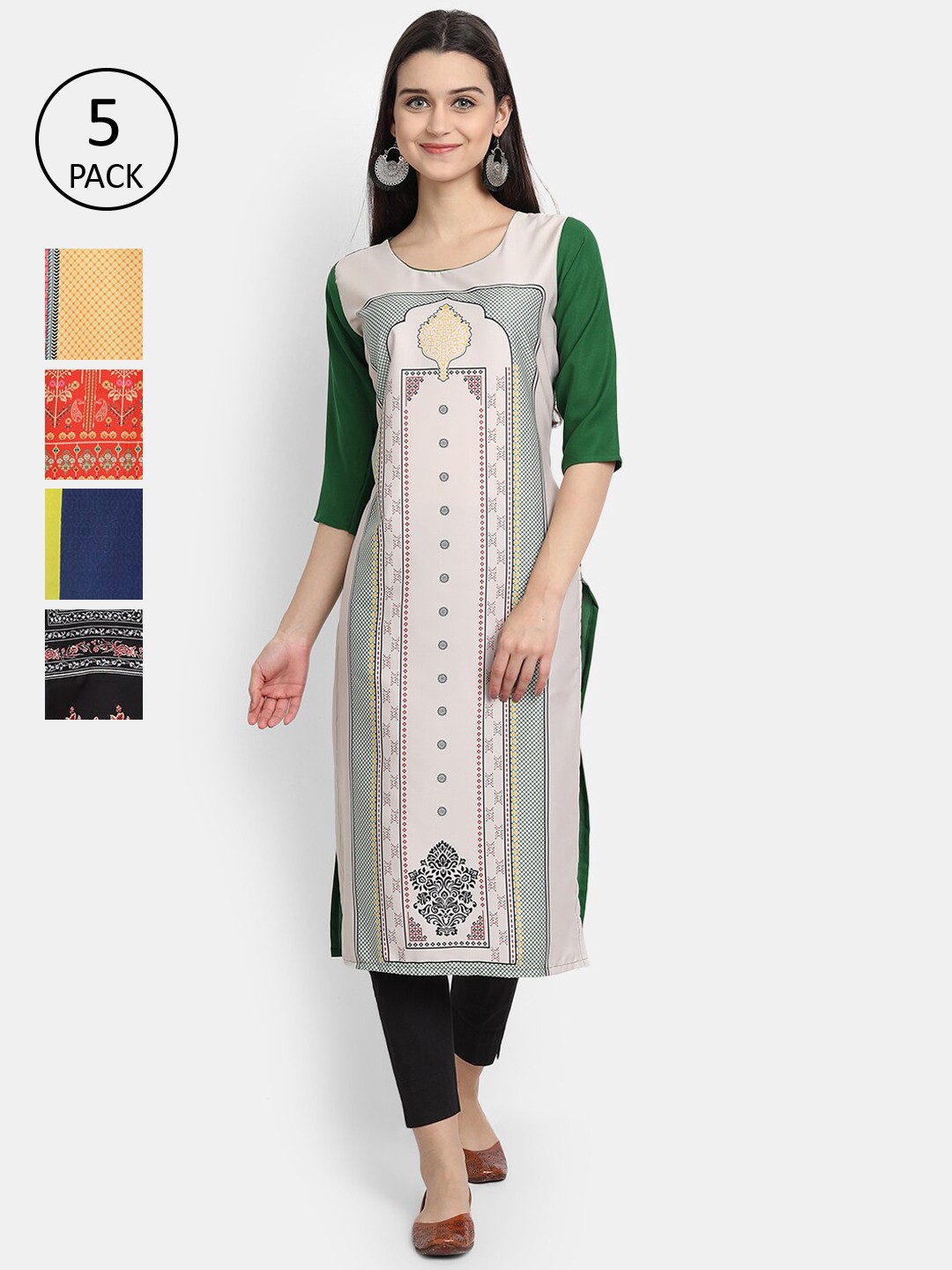 

Ethnic basket Women Set Of 5 Cream-Coloured & Black Ethnic Motifs Printed Crepe Kurta