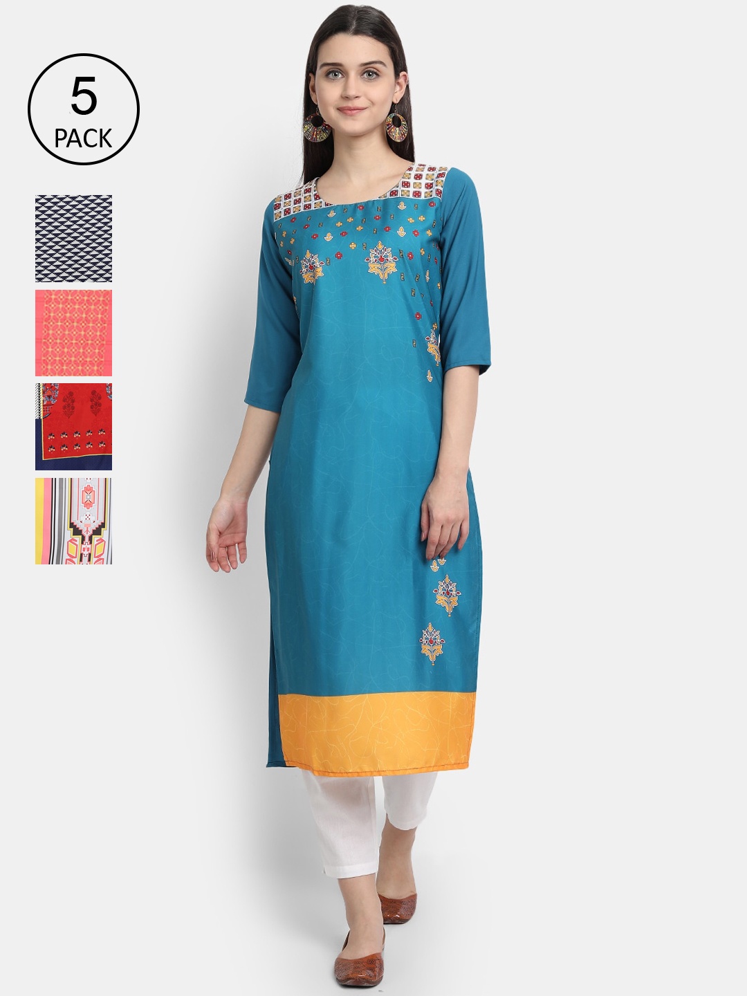 

Ethnic basket Women Set Of 5 Blue & Black Floral Printed Crepe Kurta