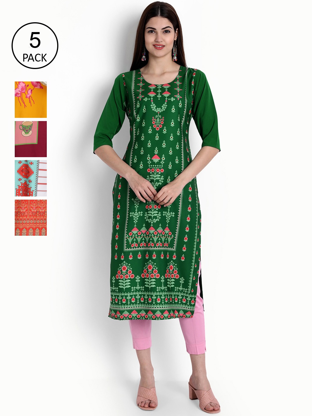 

Ethnic basket Women Multicoloured Set of 5 Floral Printed Crepe Kurta, Multi