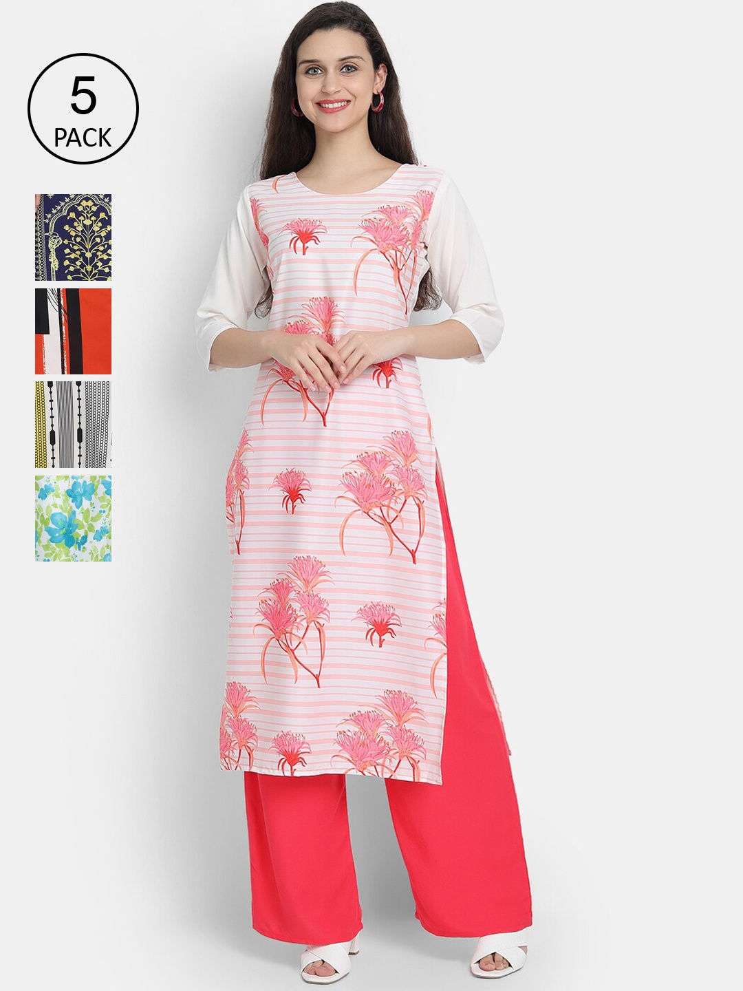 

Ethnic basket Women Pink & Navy Blue Quirky Printed Crepe Kurta Set Of 5