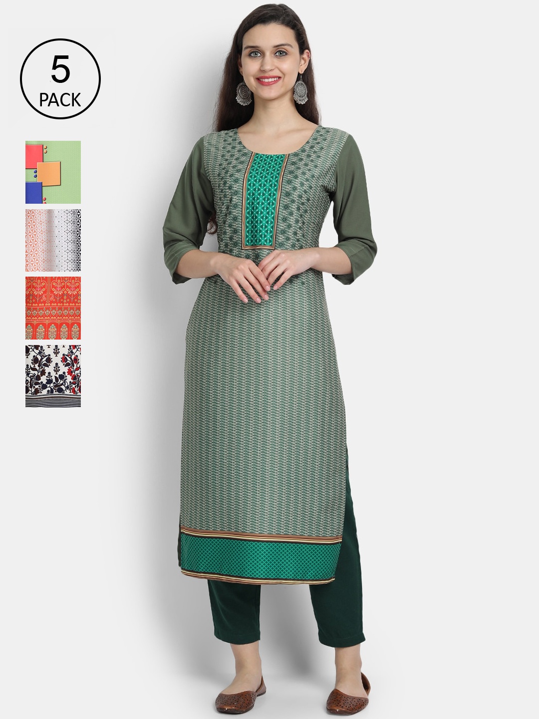 

Ethnic basket Women Pack of 5 Green & Orange Ethnic Motifs Printed Crepe Kurtas
