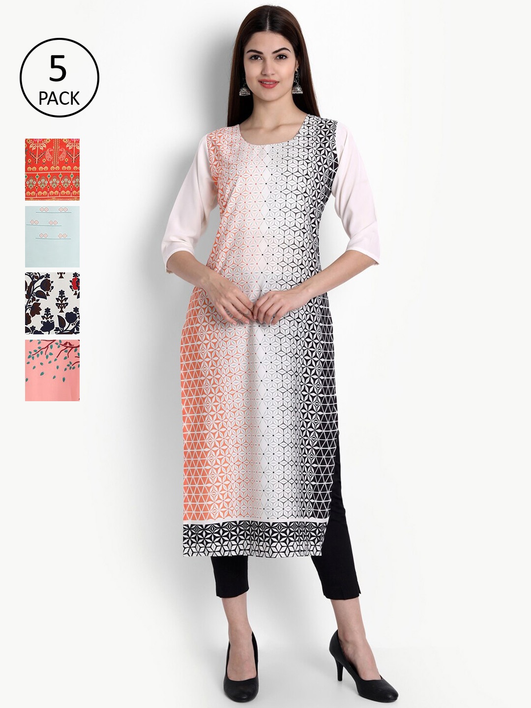 

Ethnic basket Women Pack Of 5 Digital Printed Crepe Kurta, Blue