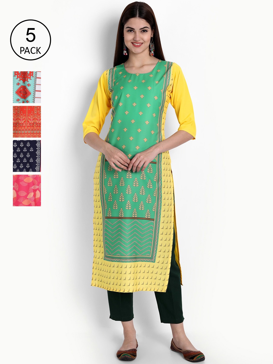 

Ethnic basket Women Pack of 5 Ethnic Motifs Printed Crepe Kurta, Green