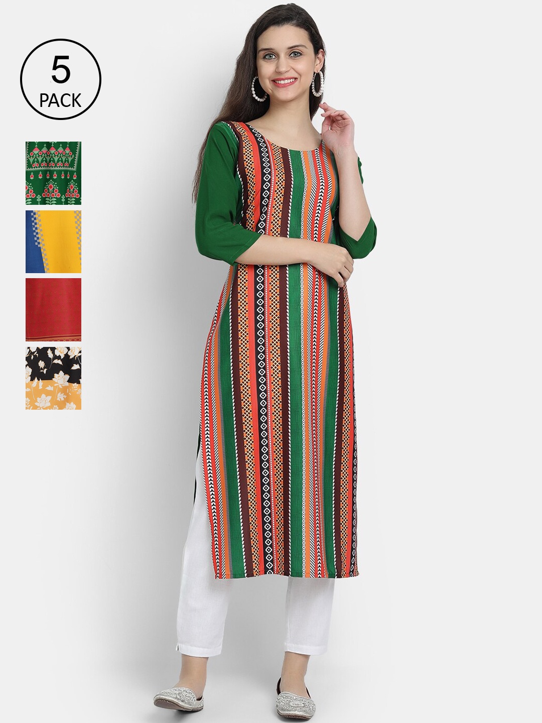 

Ethnic basket Women Pack of 5 Digital Printed Kurtas, Green