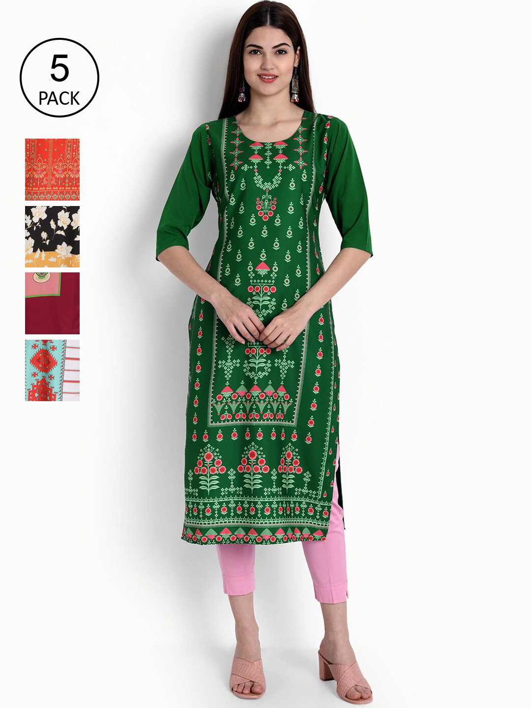 

Ethnic basket Pack Of 5 Ethnic Motifs Printed Crepe Kurta, Green