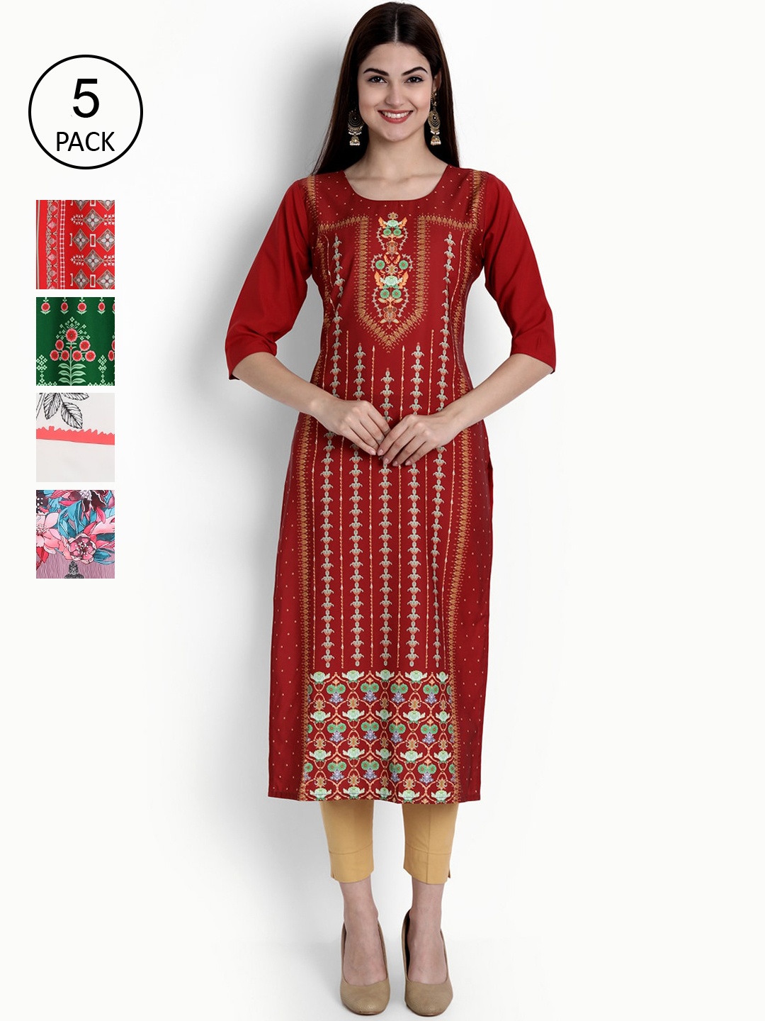 

Ethnic basket Women Pack of 5 Digital Printed Kurtas, Maroon