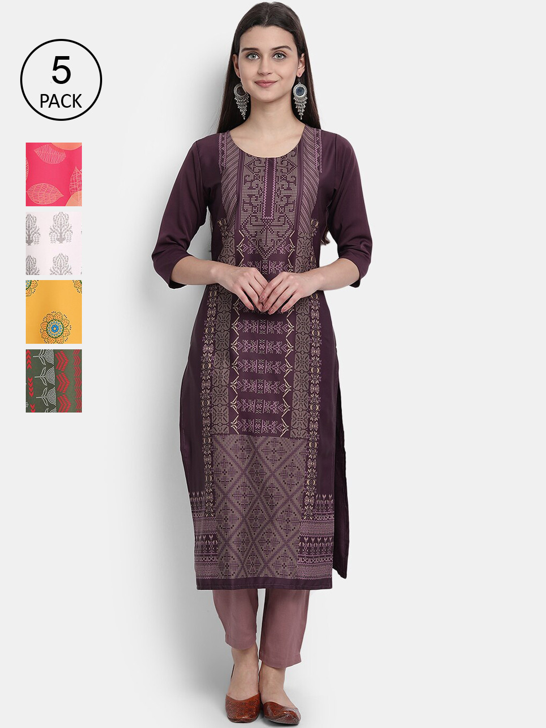 

Ethnic basket Women Pack Of 5 Ethnic Motifs Printed Crepe Kurta, Yellow