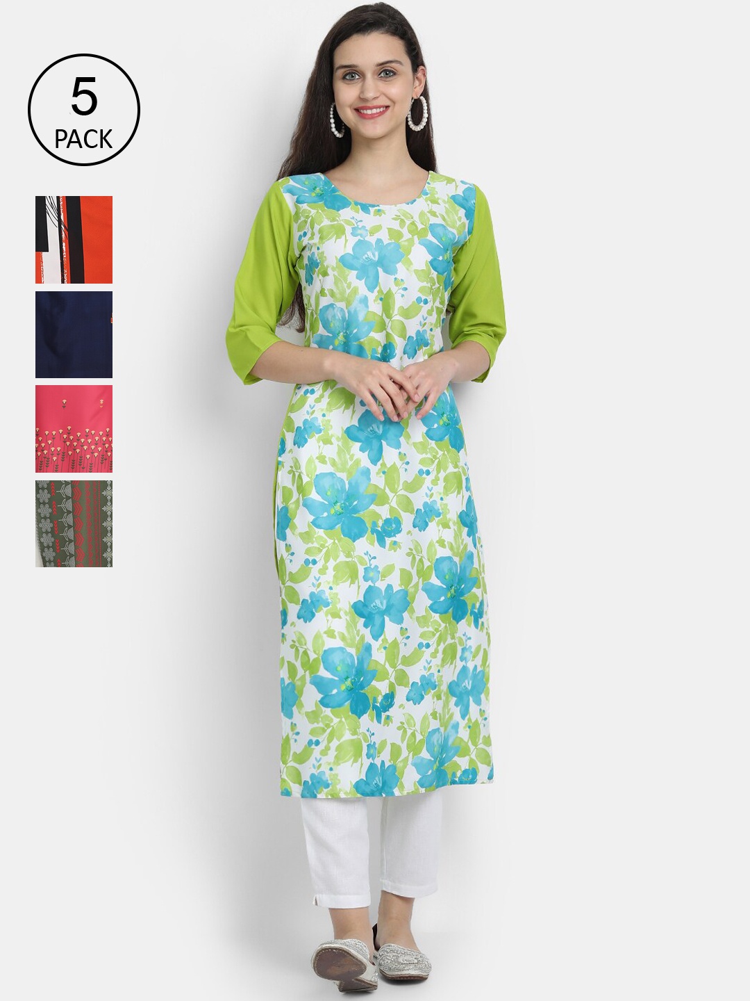

Ethnic basket Women Pack Of 5 Digital Printed Crepe Kurta, Green
