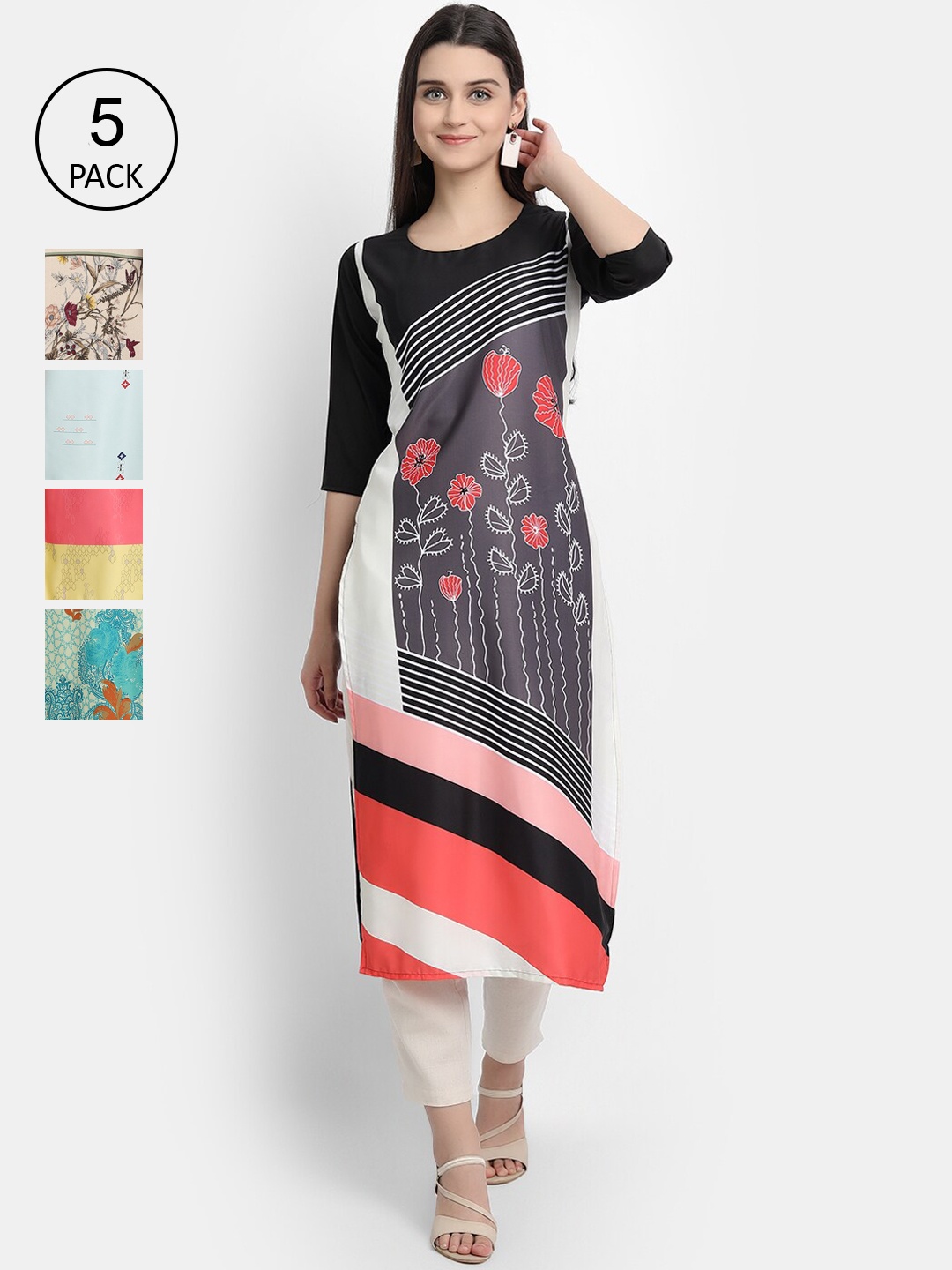 

Ethnic basket Women Pack of 5 Black & Green Digital Printed Crepe Kurtas