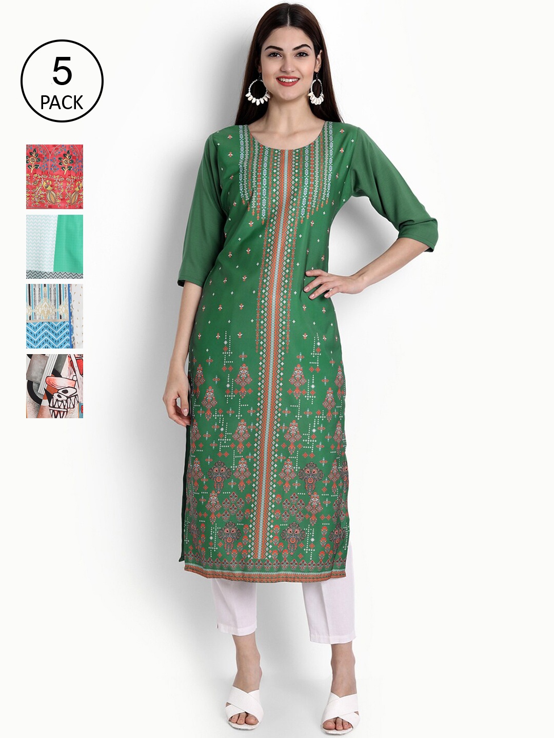 

Ethnic basket Women Set Of 5 Green & Sea Green Ethnic Motifs Printed Crepe Kurta