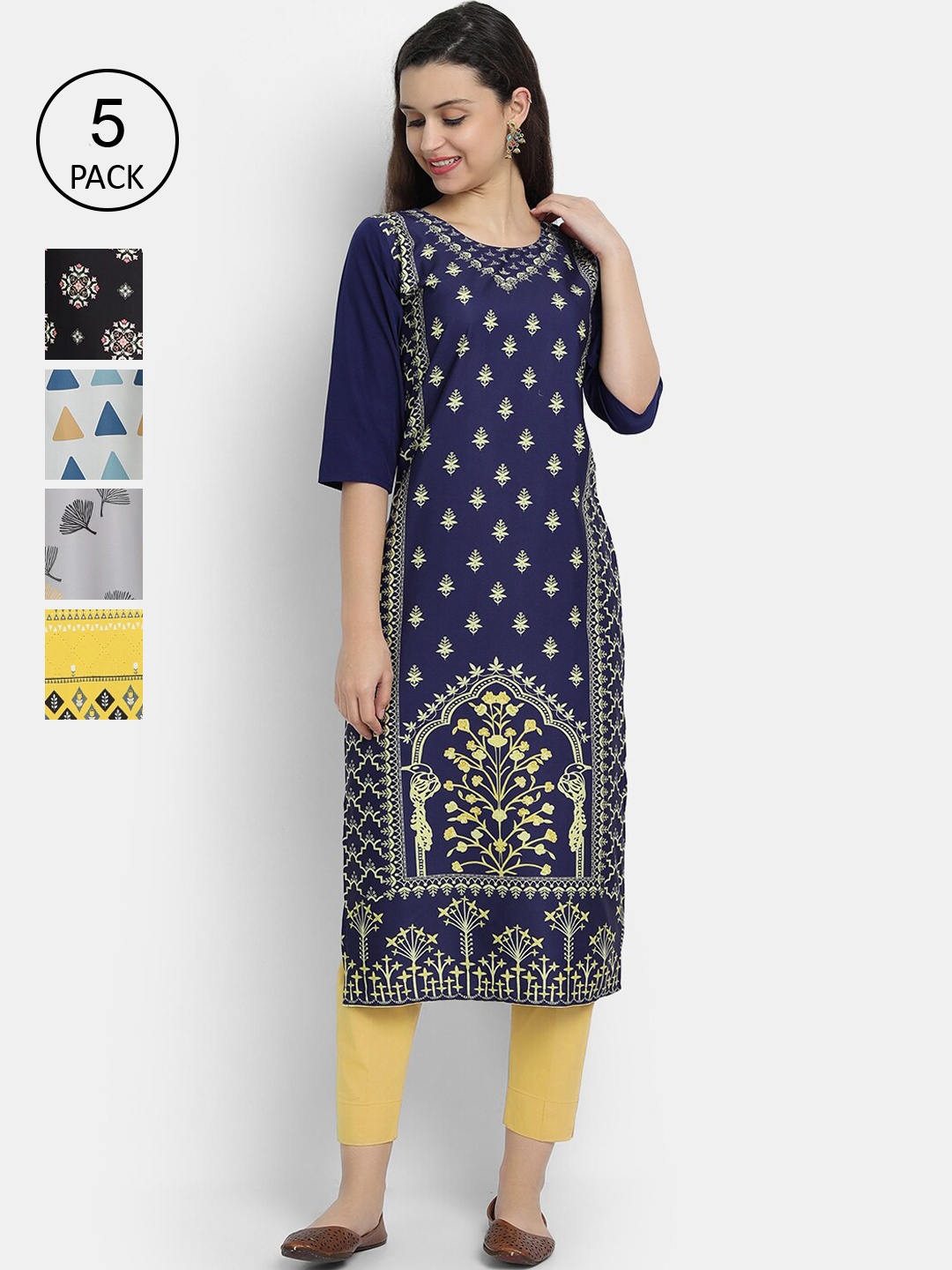 

Ethnic basket Women Multicoloured Set of 5 Ethnic Motifs Printed Crepe Kurta, Multi