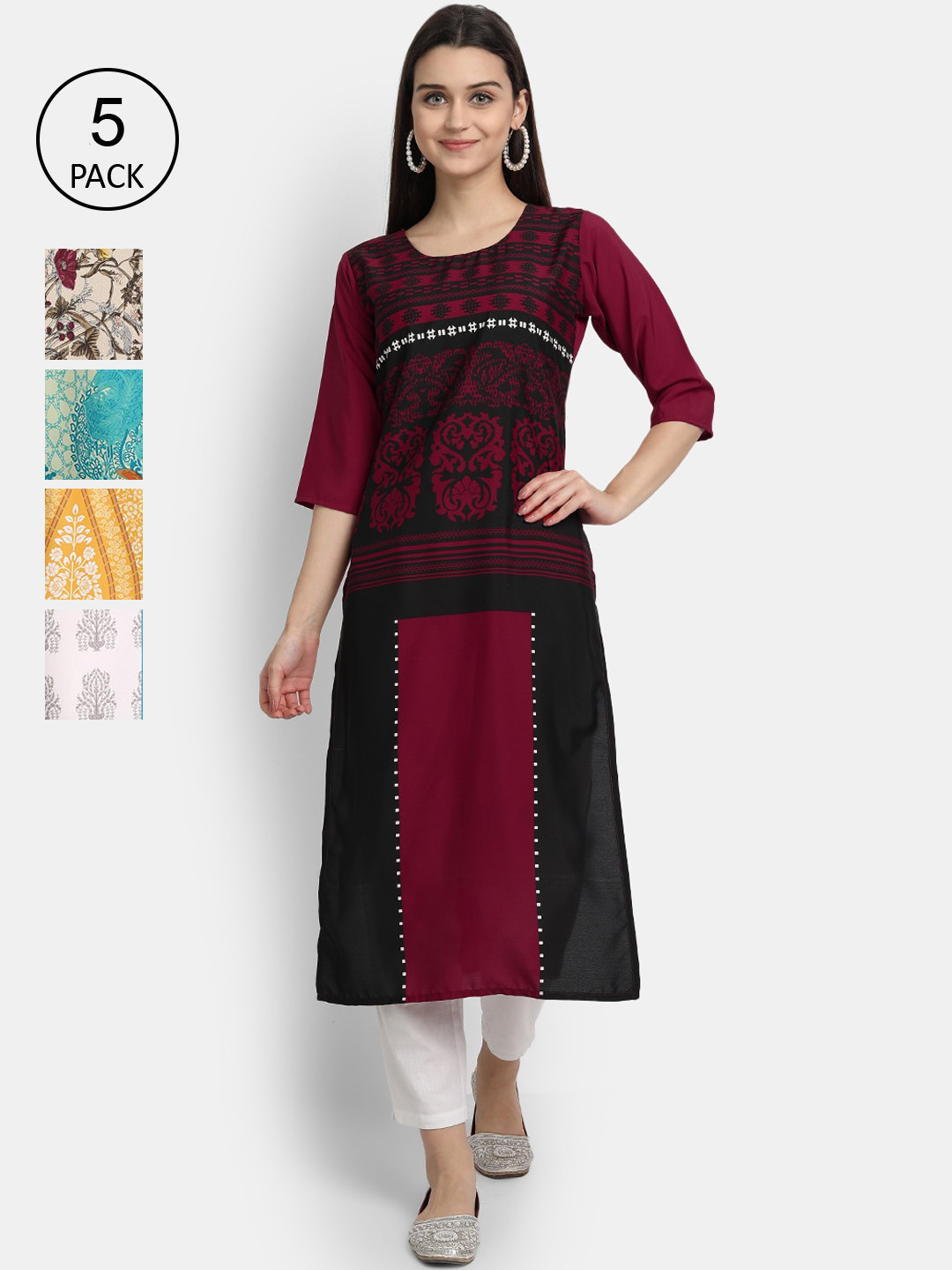 

Ethnic basket Women Pack of 5 Ethnic Motifs Printed Crepe Kurta, Red