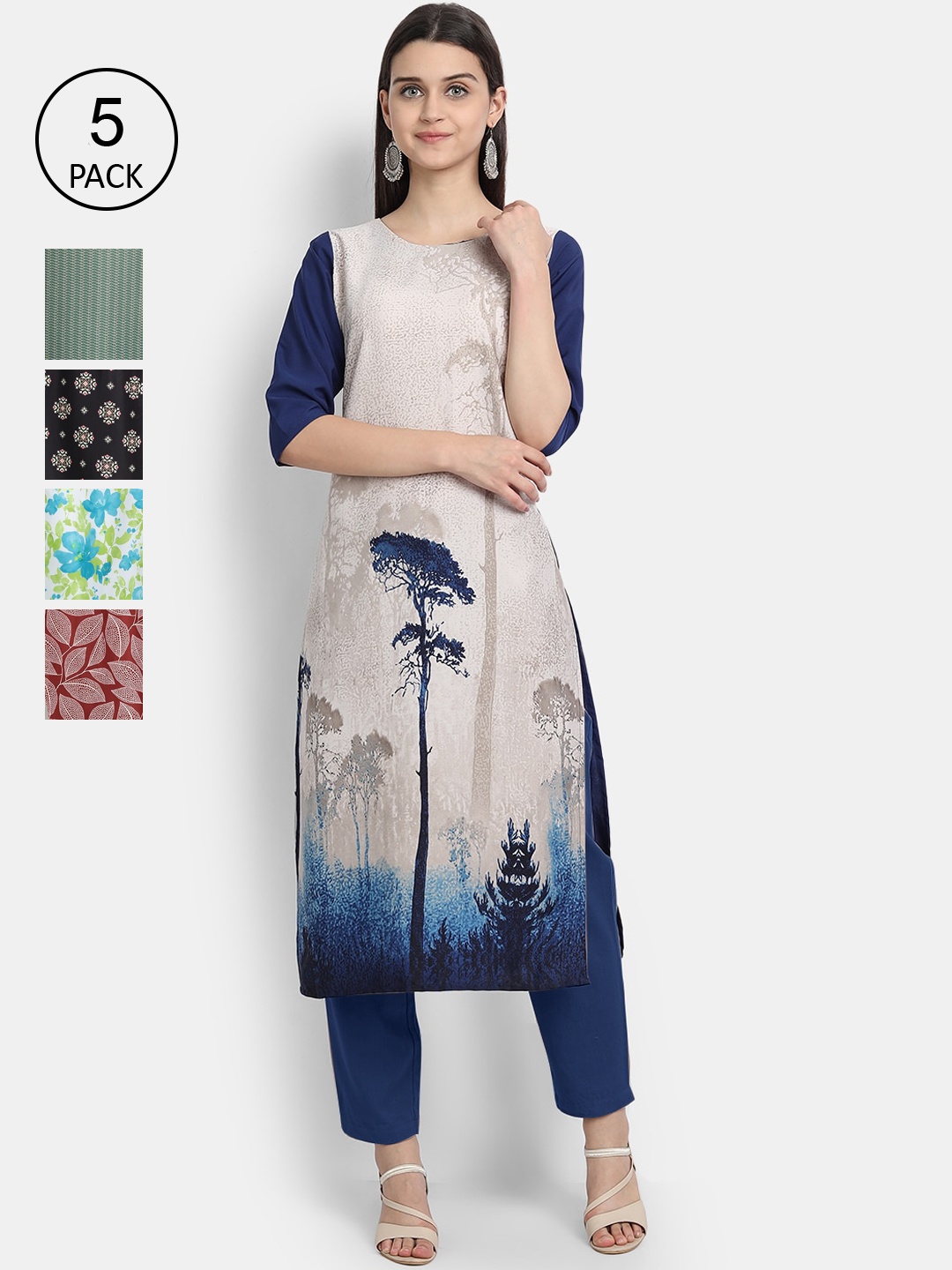 

Ethnic basket Women Pack of 5 Ethnic Motifs Printed Crepe Kurta, Blue