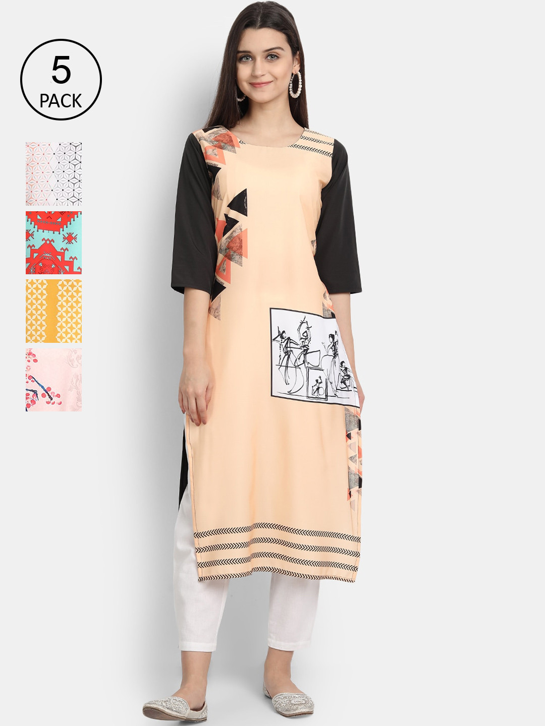 

Ethnic basket Pack Of 5 Floral Printed Crepe Kurta, White
