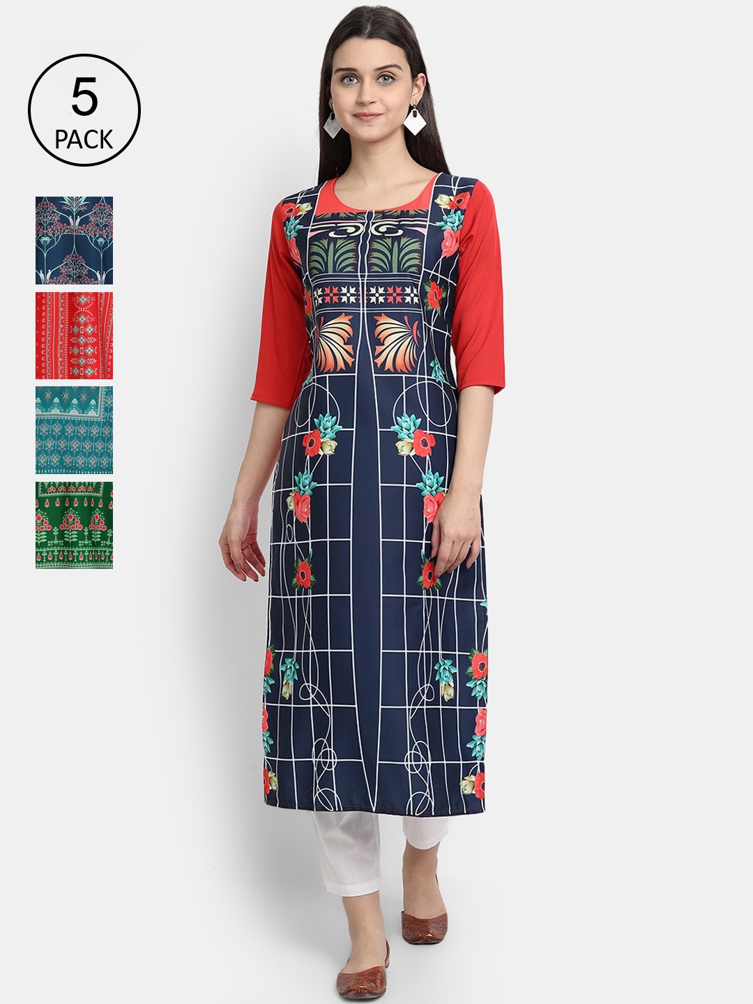 

Ethnic basket Women Pack of 5 Digital Printed Kurtas, Blue