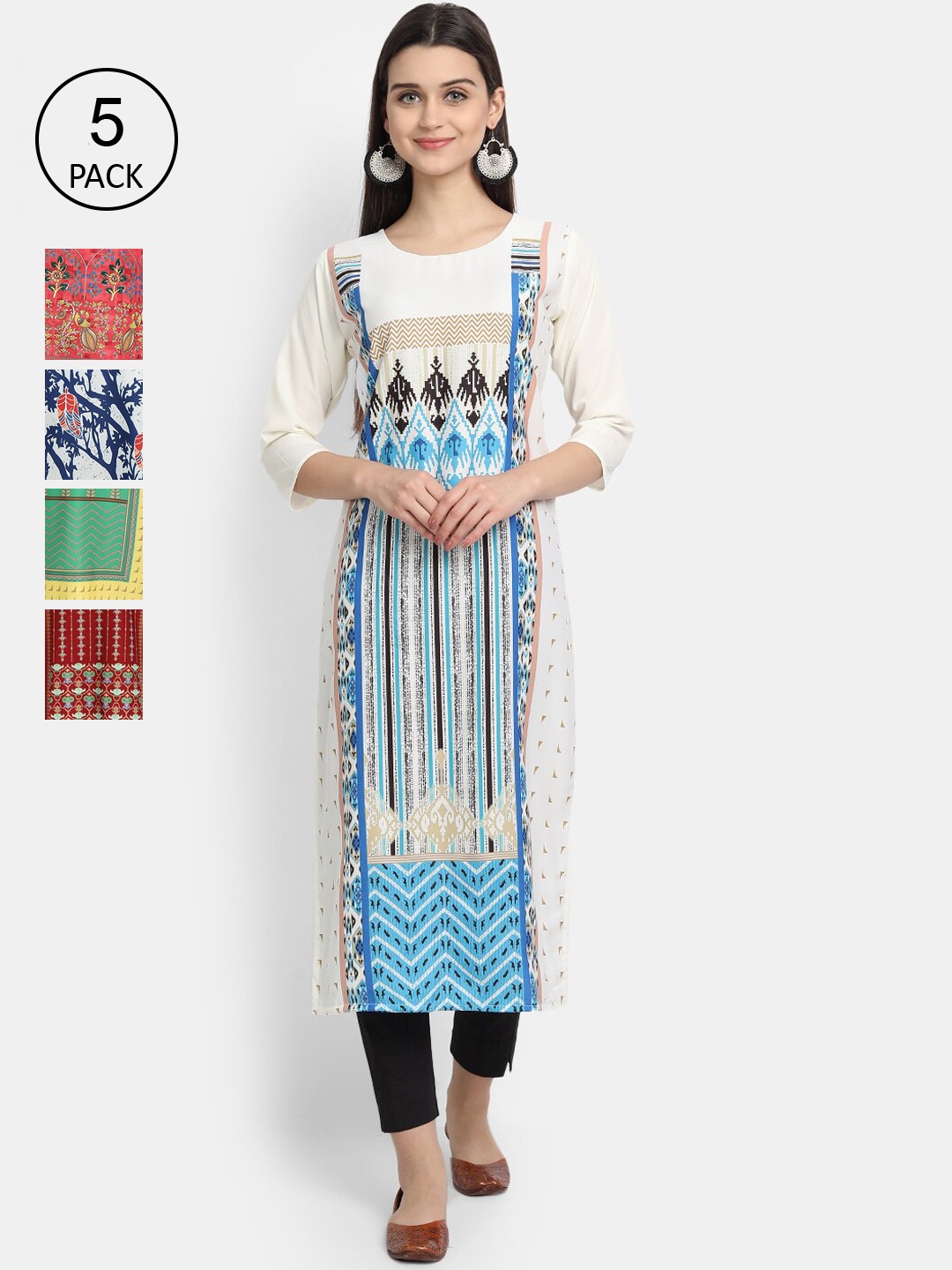 

Ethnic basket Women Pack of 5 White & Maroon Geometric Printed Crepe Kurtas