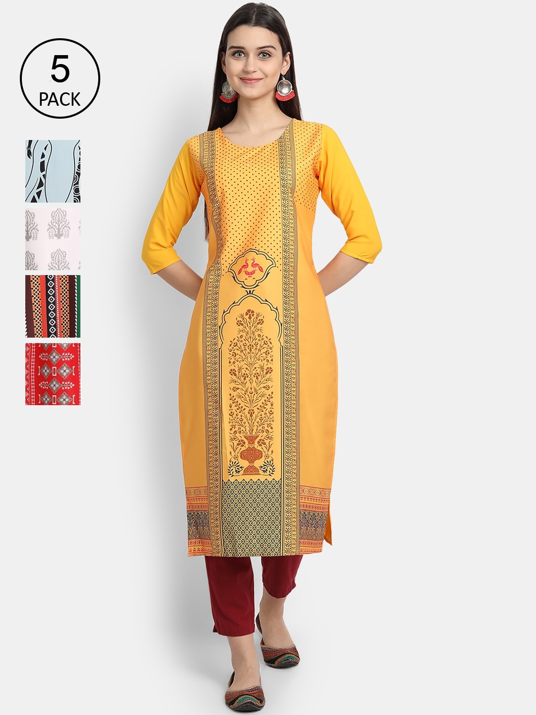 

Ethnic basket Women Pack Of 5 Digital Printed Crepe Kurta, Yellow
