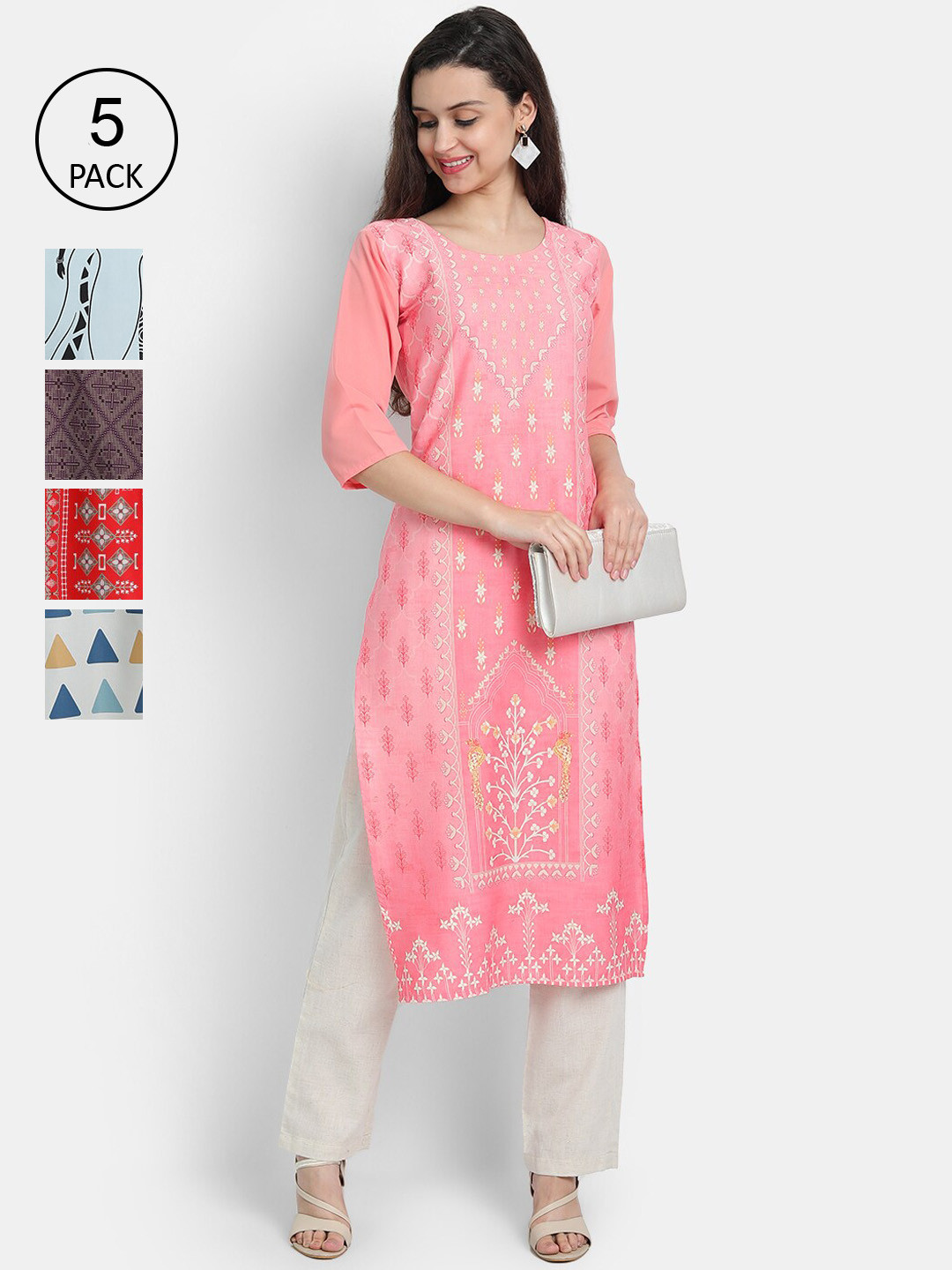 

Ethnic basket Women Peach-Coloured Ethnic Motifs Printed Crepe Kurta Set Of 5