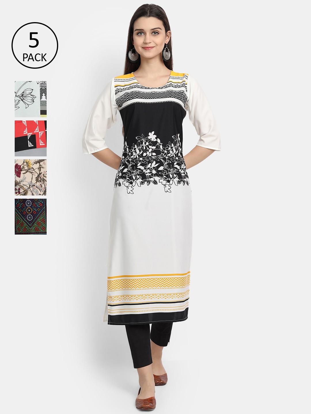 

Ethnic basket Women Set Of 5 White & Black Ethnic Motifs Printed Crepe Kurta