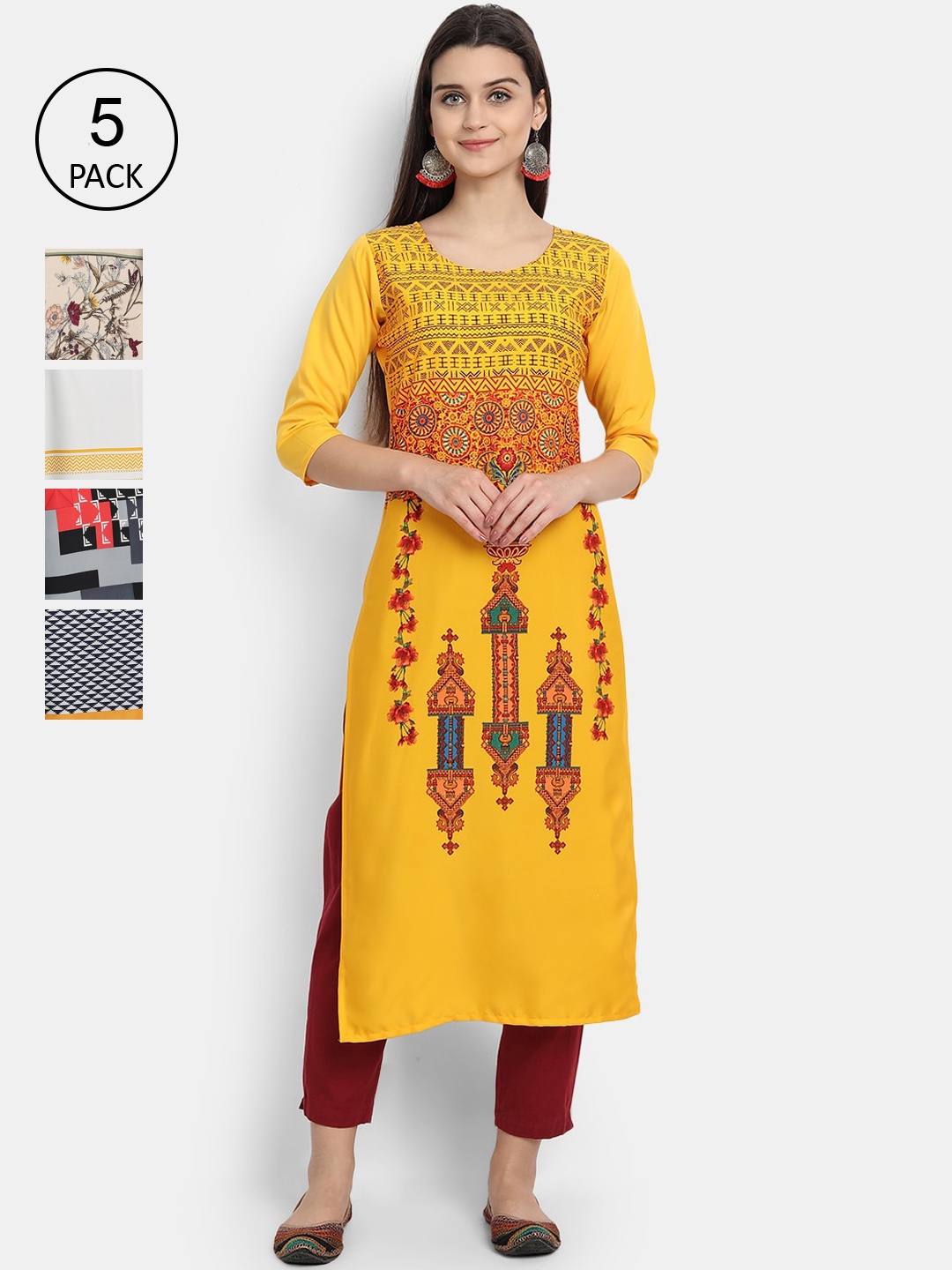 

Ethnic basket Women Set Of 5 Yellow & Pink Ethnic Motifs Printed Crepe Kurta