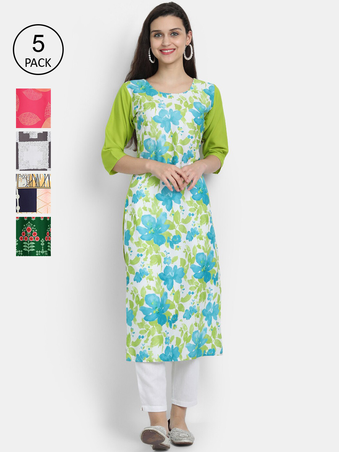 

Ethnic basket Women Pack of 5 Green & Peach-Coloured Ethnic Motifs Printed Crepe Kurtas