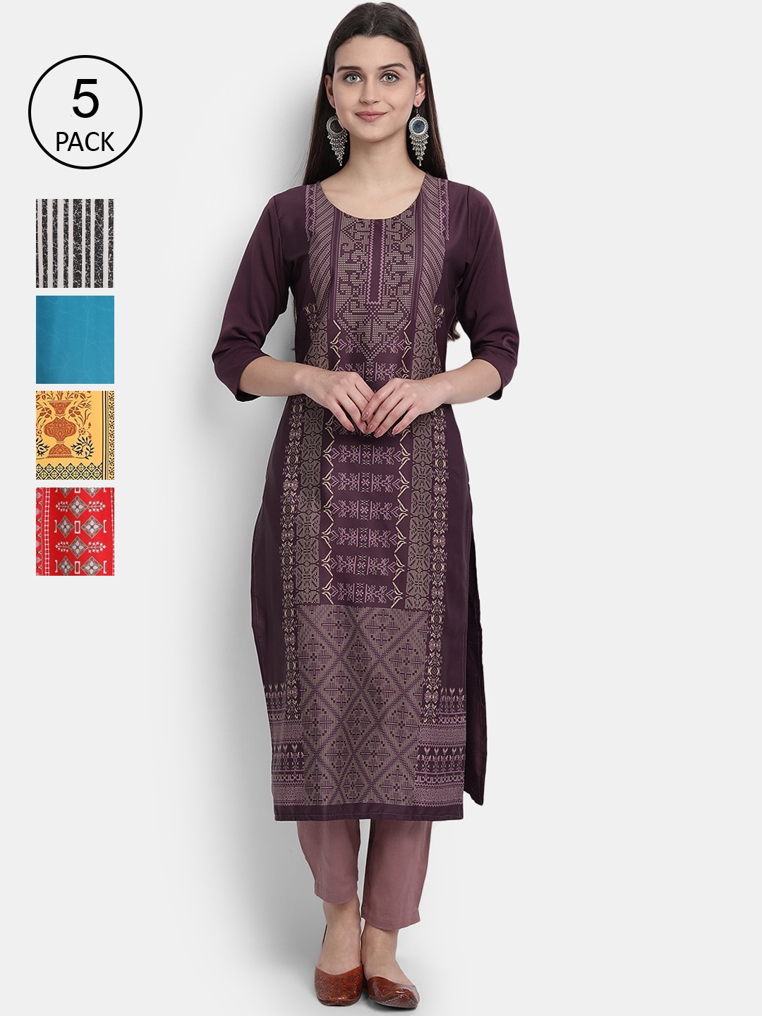 

Ethnic basket Women Brown & Yellow Floral Printed Crepe Kurta Set Of 5