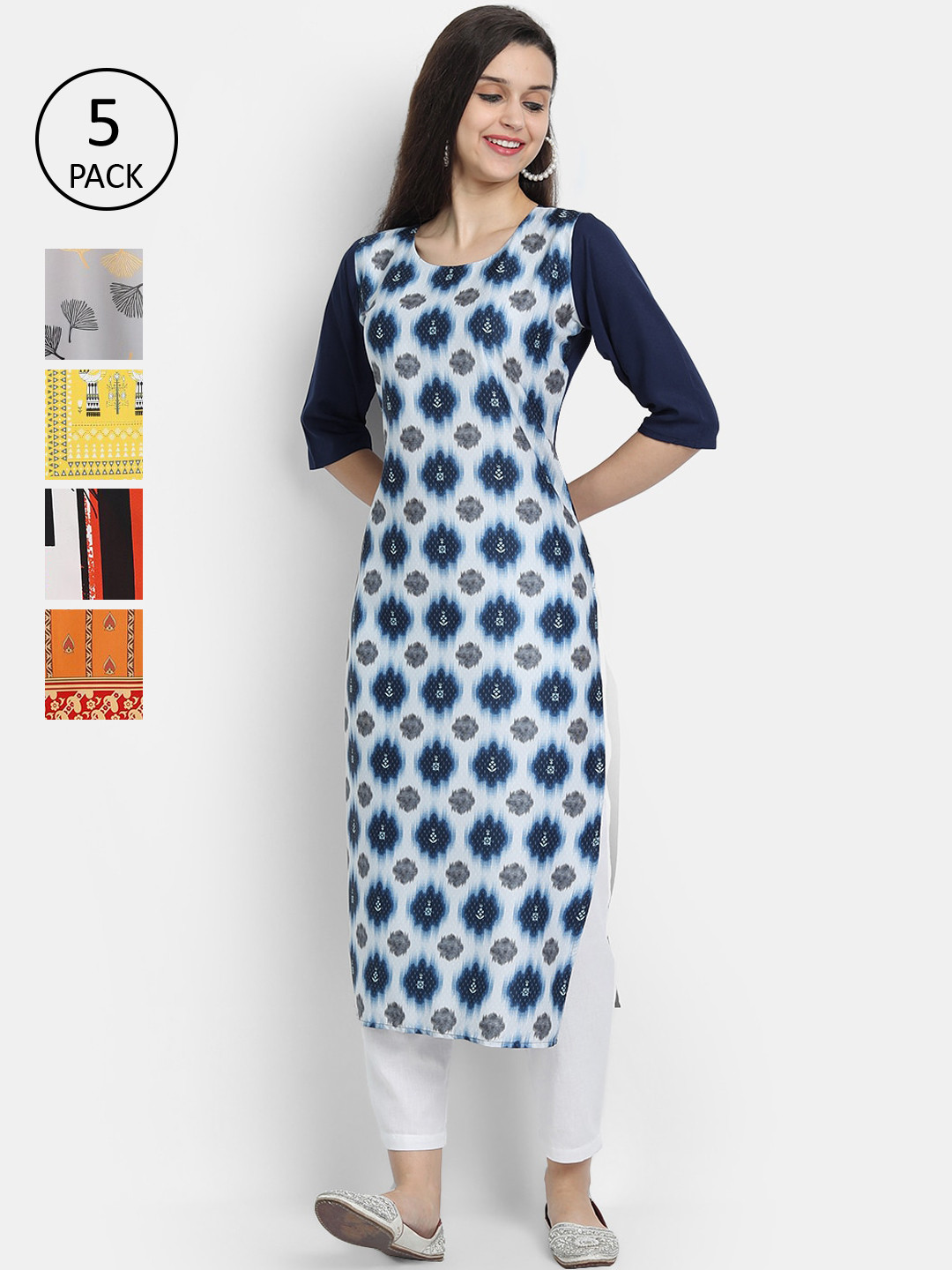 

Ethnic basket Women Pack Of 5 Digital Printed Crepe Kurta, Blue