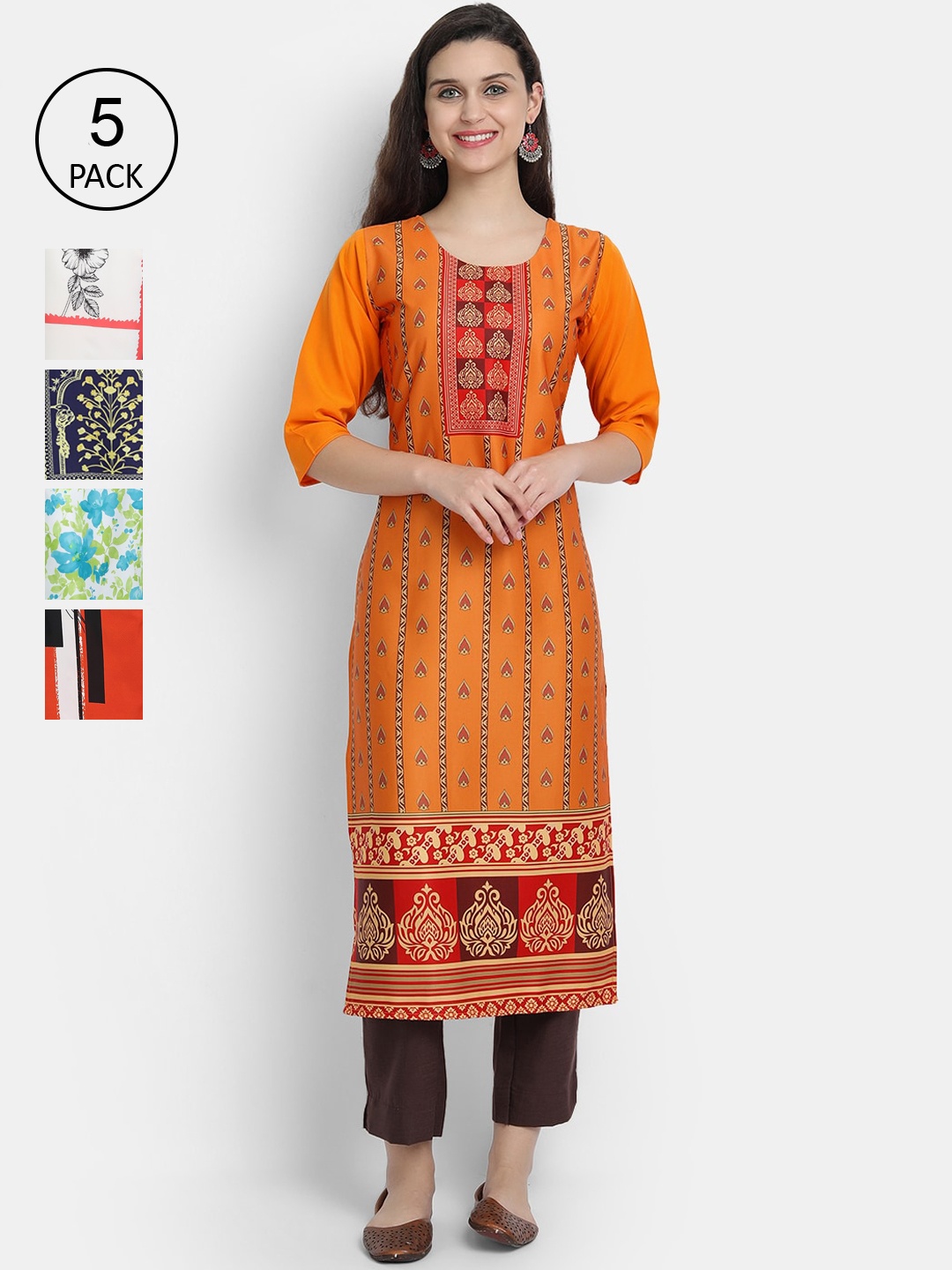 

Ethnic basket Women Multicoloured Set of 5 Ethnic Motifs Printed Crepe Kurta, Multi