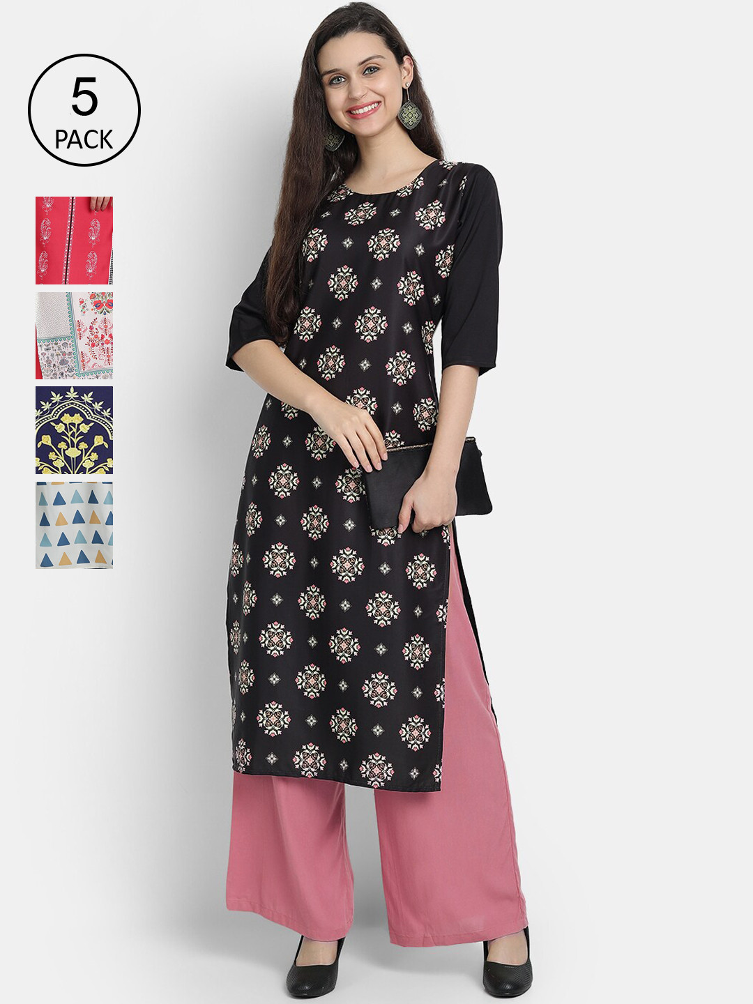 

Ethnic basket Women Multicoloured Pack Of 5 Ethnic Motifs Printed Crepe Kurta, Multi