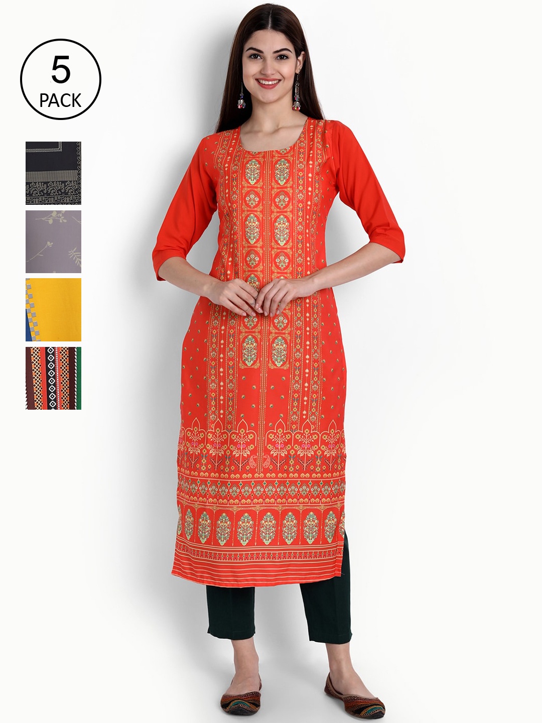 

Ethnic basket Women Pack Of 5 Ethnic Motifs Printed Crepe Kurta, Red