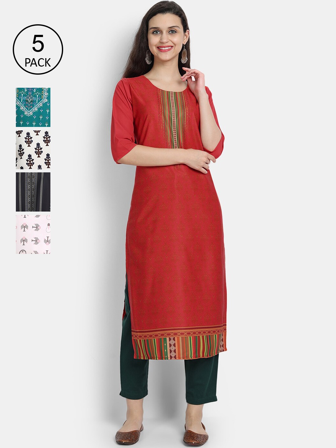 

Ethnic basket Women Pack of 5 Ethnic Motifs Printed Crepe Kurta, Red