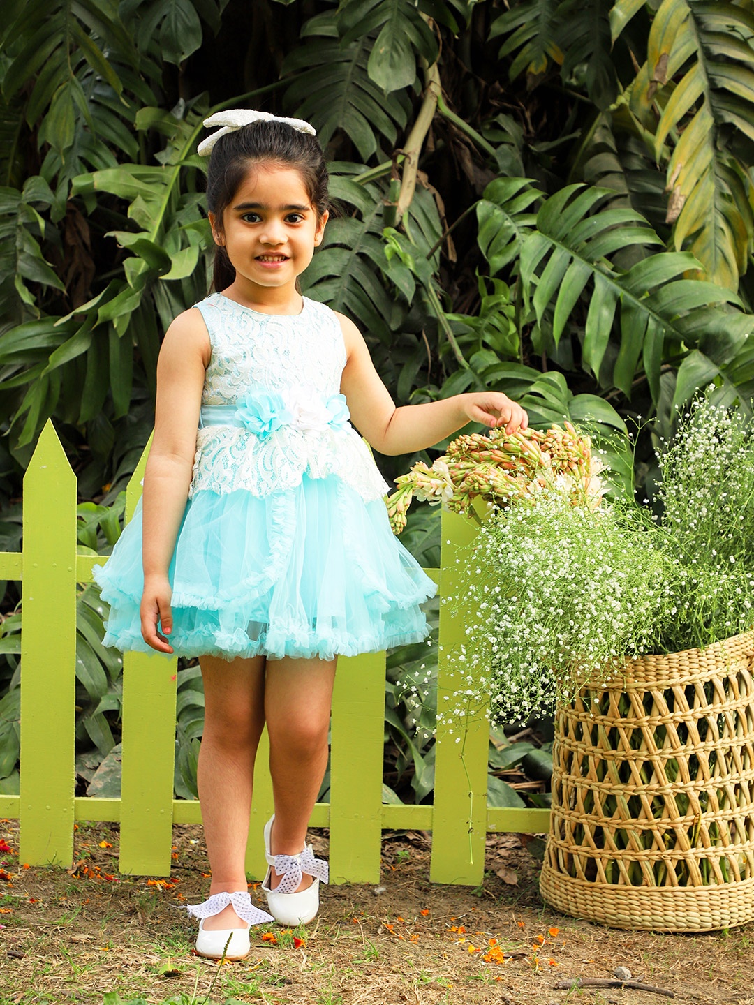 

LIL DRAMA Girls Blue & White Self Designed Fit & Flare Net Dress