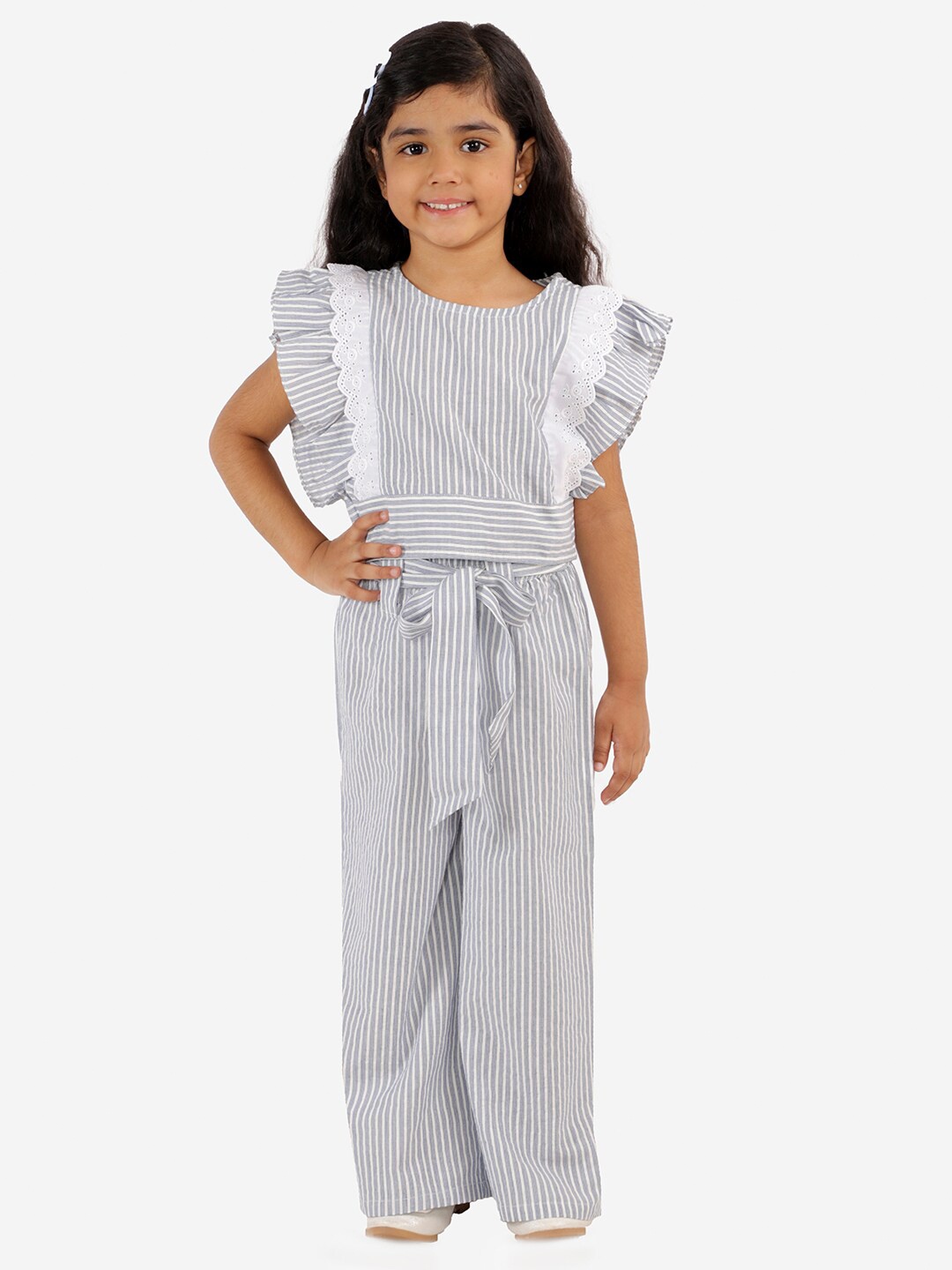 

LIL DRAMA Girls Blue & White Pure Cotton Striped Top with Palazzos