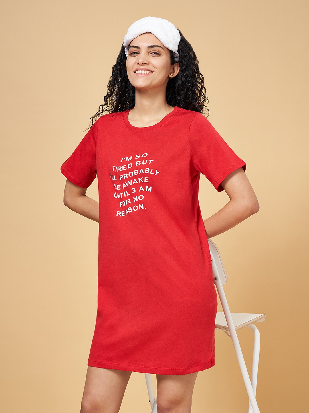 

People Women Red & White Printed Pure Cotton Nightdress